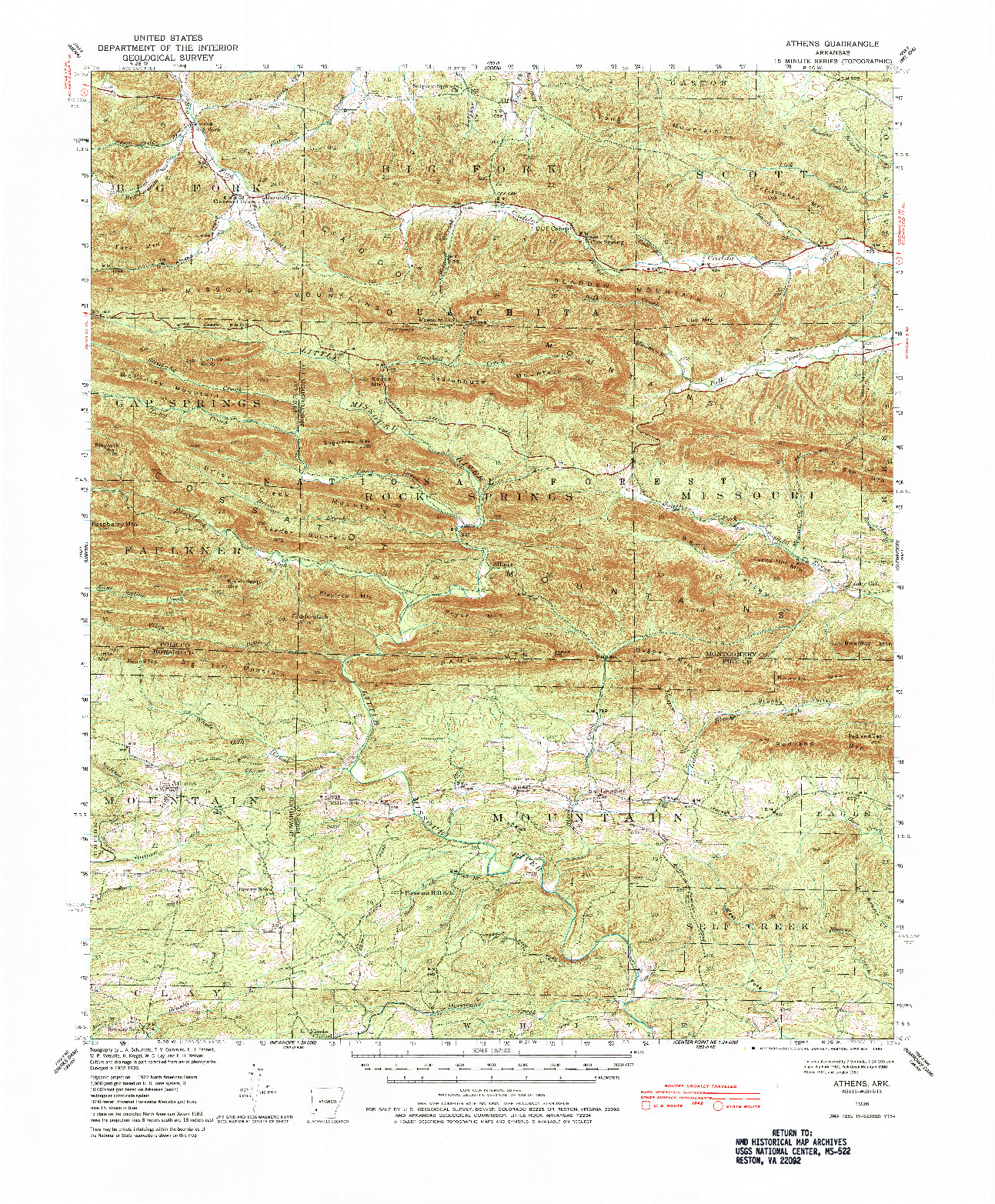 USGS 1:62500-SCALE QUADRANGLE FOR ATHENS, AR 1936
