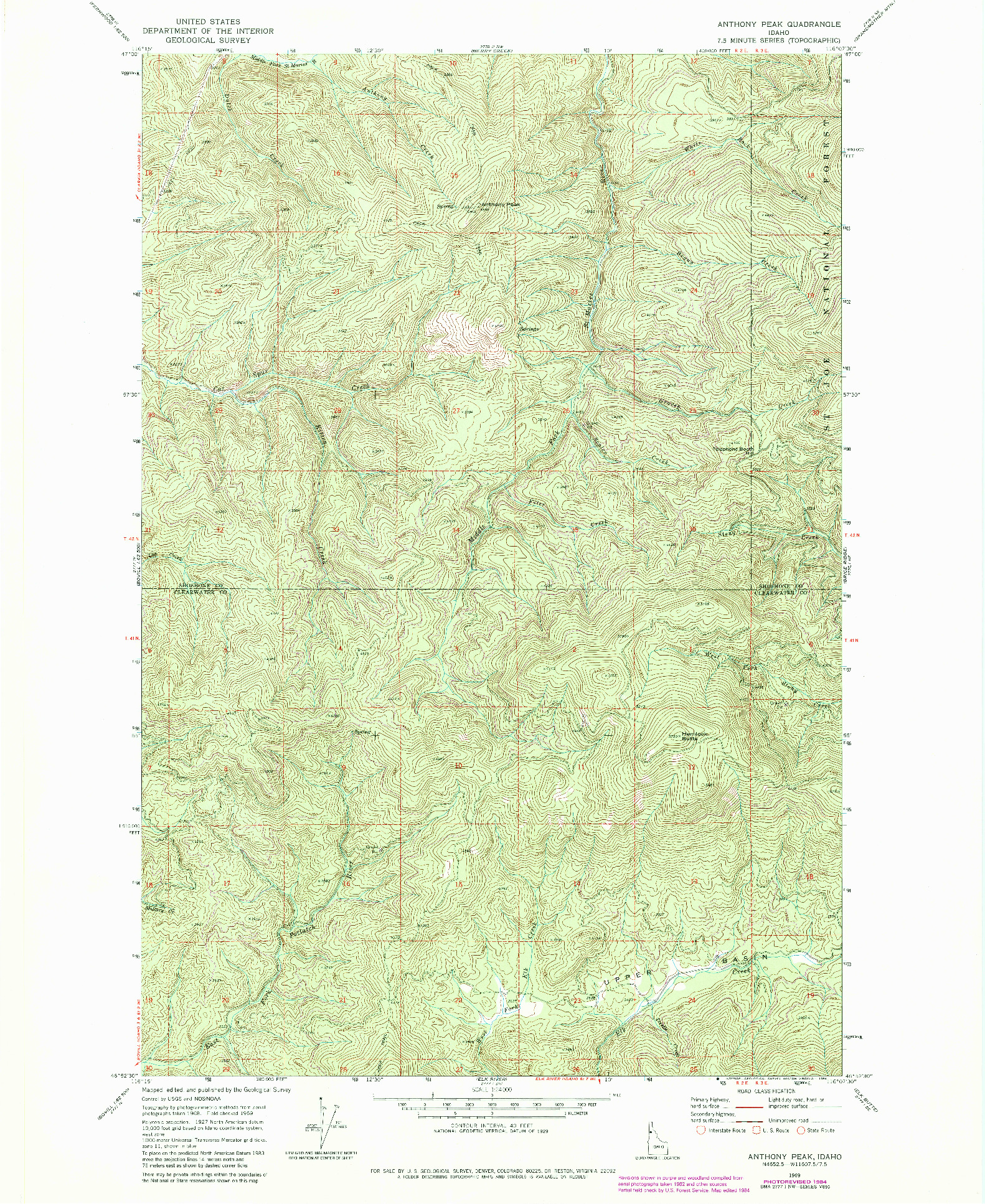 USGS 1:24000-SCALE QUADRANGLE FOR ANTHONY PEAK, ID 1969