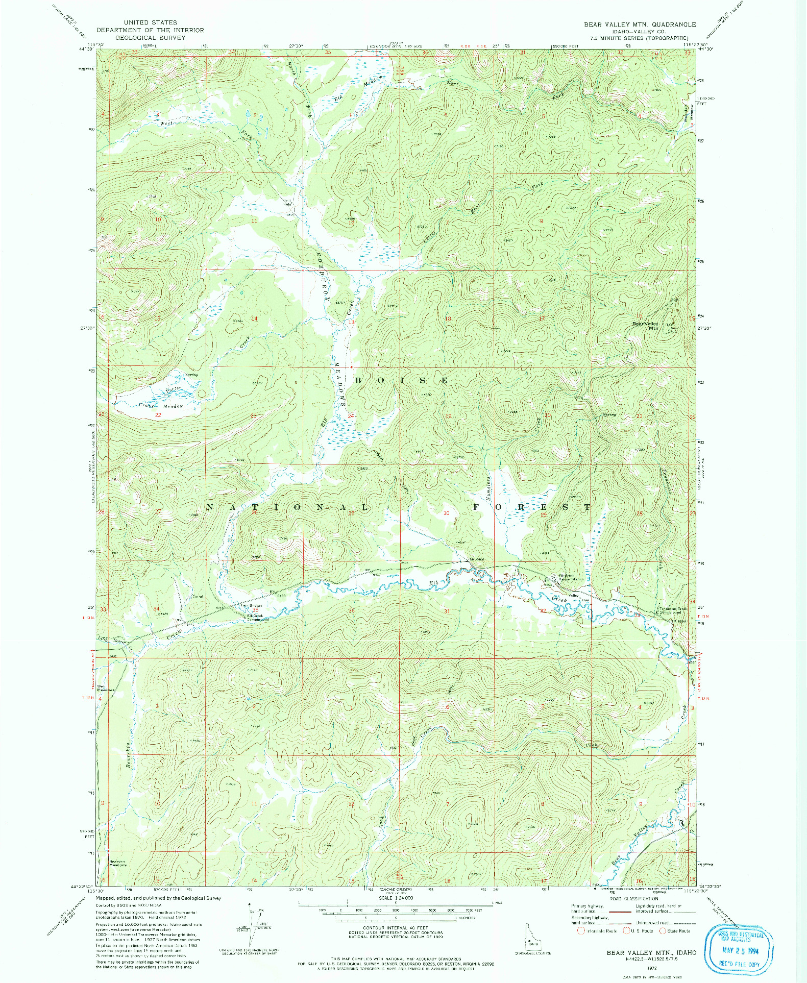 USGS 1:24000-SCALE QUADRANGLE FOR BEAR VALLEY MTN, ID 1972