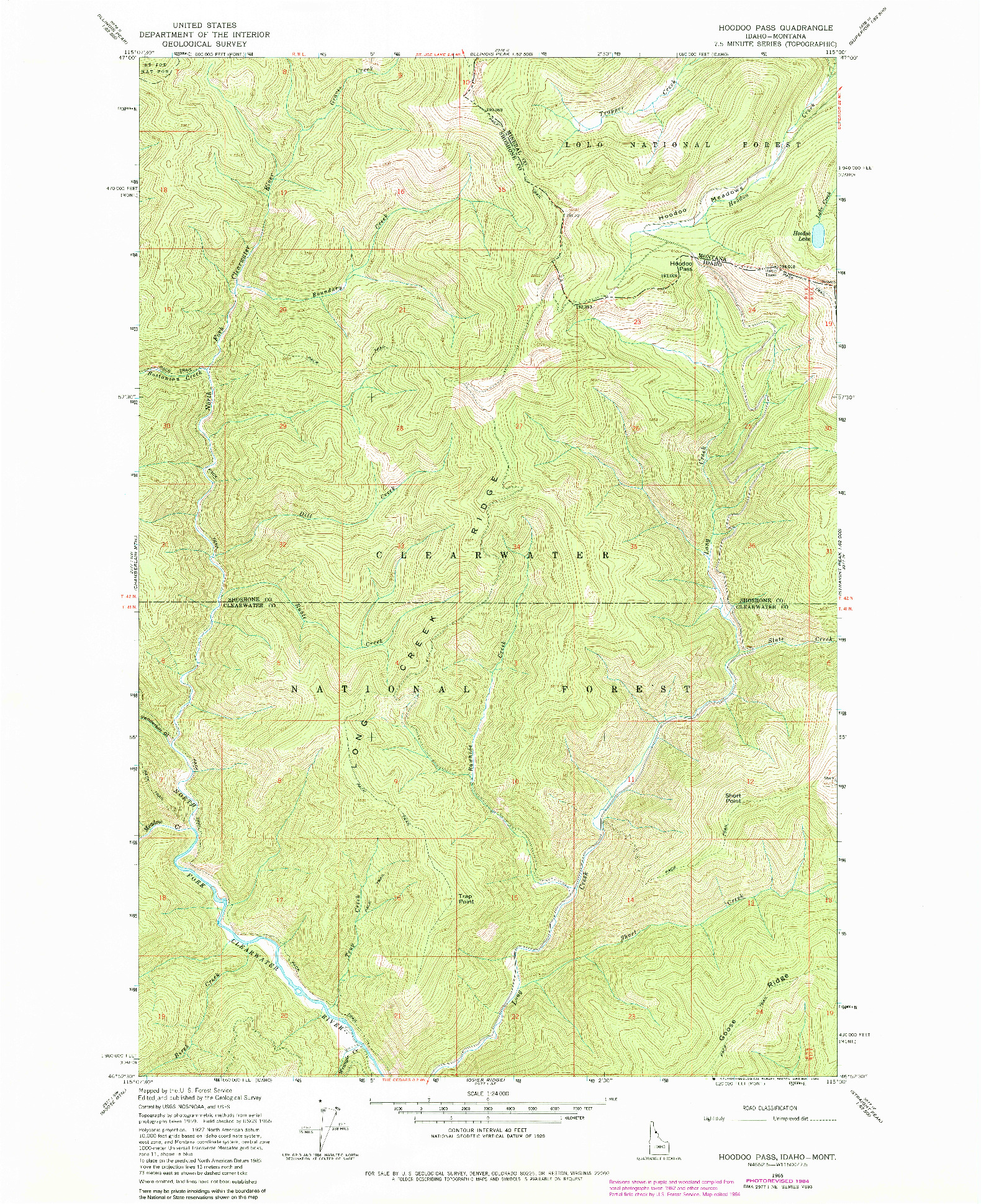 USGS 1:24000-SCALE QUADRANGLE FOR HOODOO PASS, ID 1965