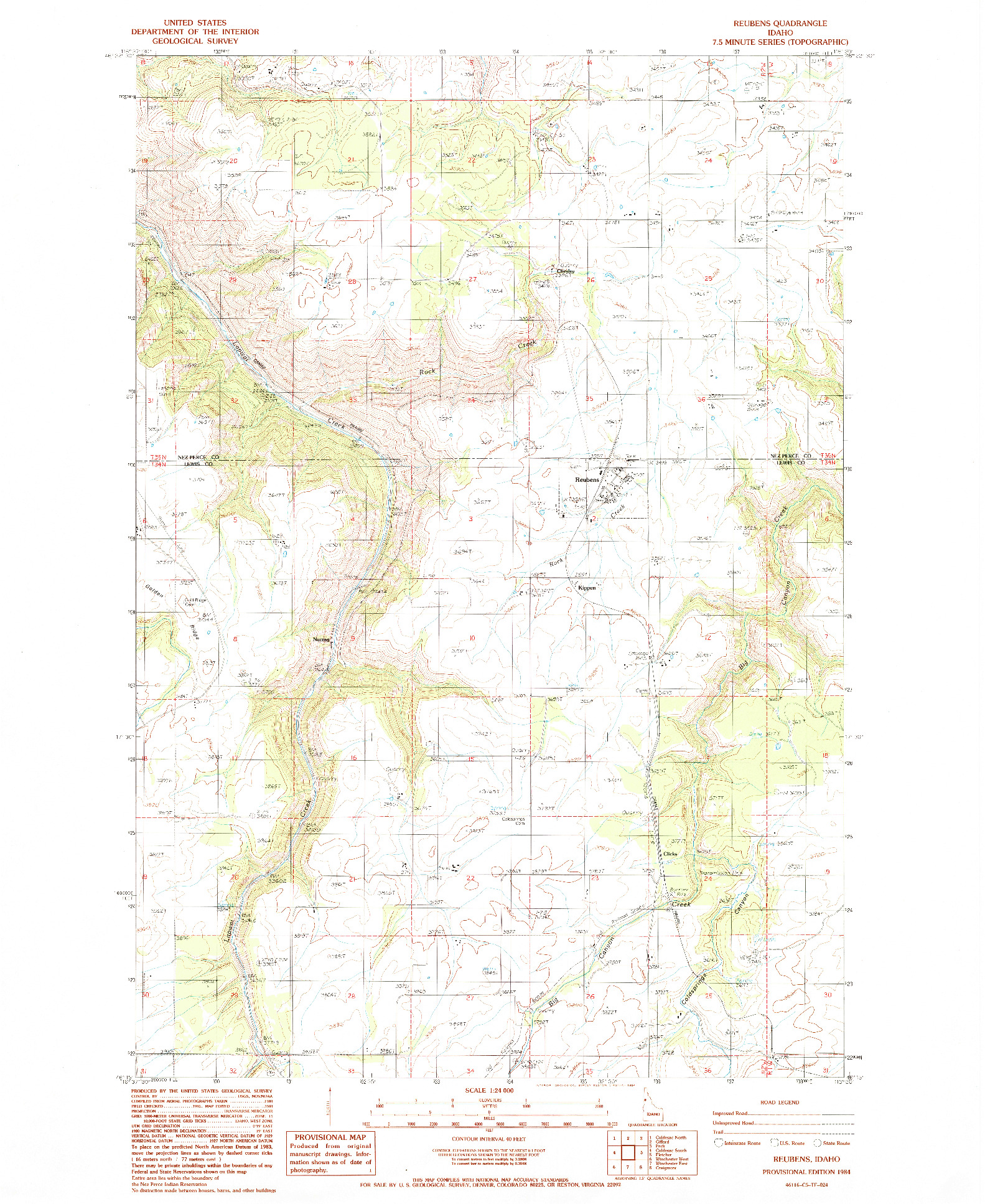 USGS 1:24000-SCALE QUADRANGLE FOR REUBENS, ID 1984