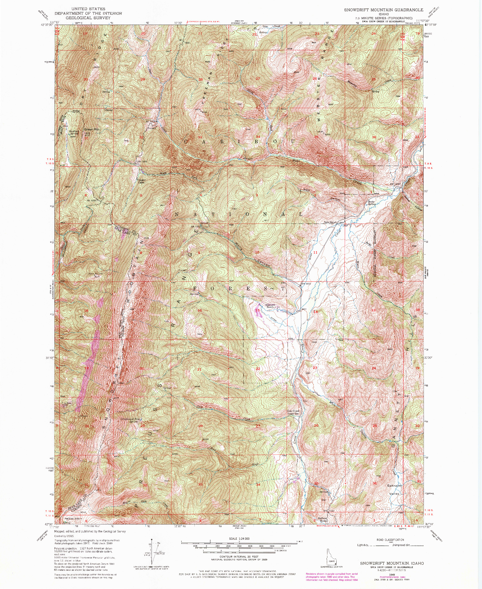 USGS 1:24000-SCALE QUADRANGLE FOR SNOWDRIFT MOUNTAIN, ID 1949