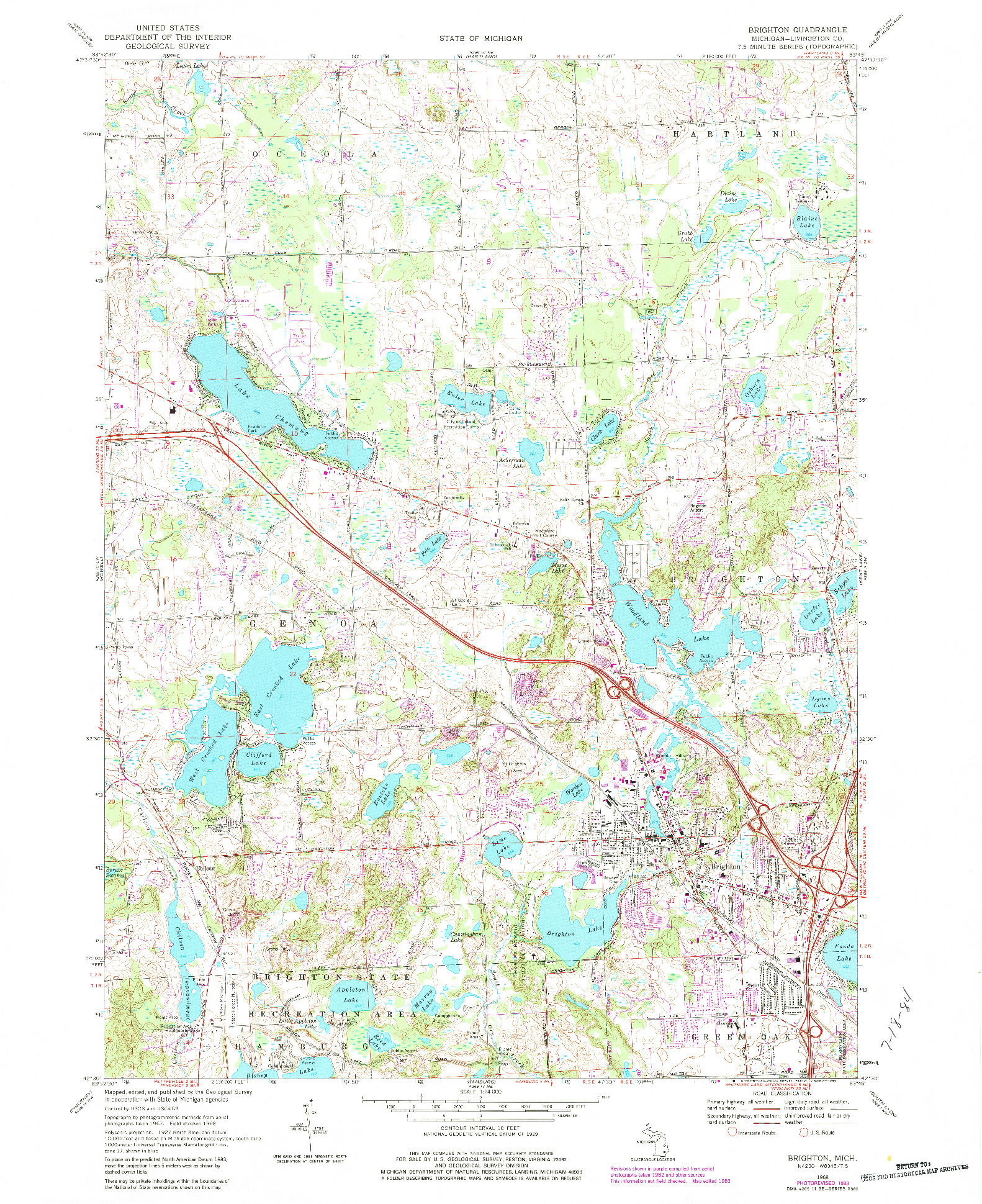 USGS 1:24000-SCALE QUADRANGLE FOR BRIGHTON, MI 1968