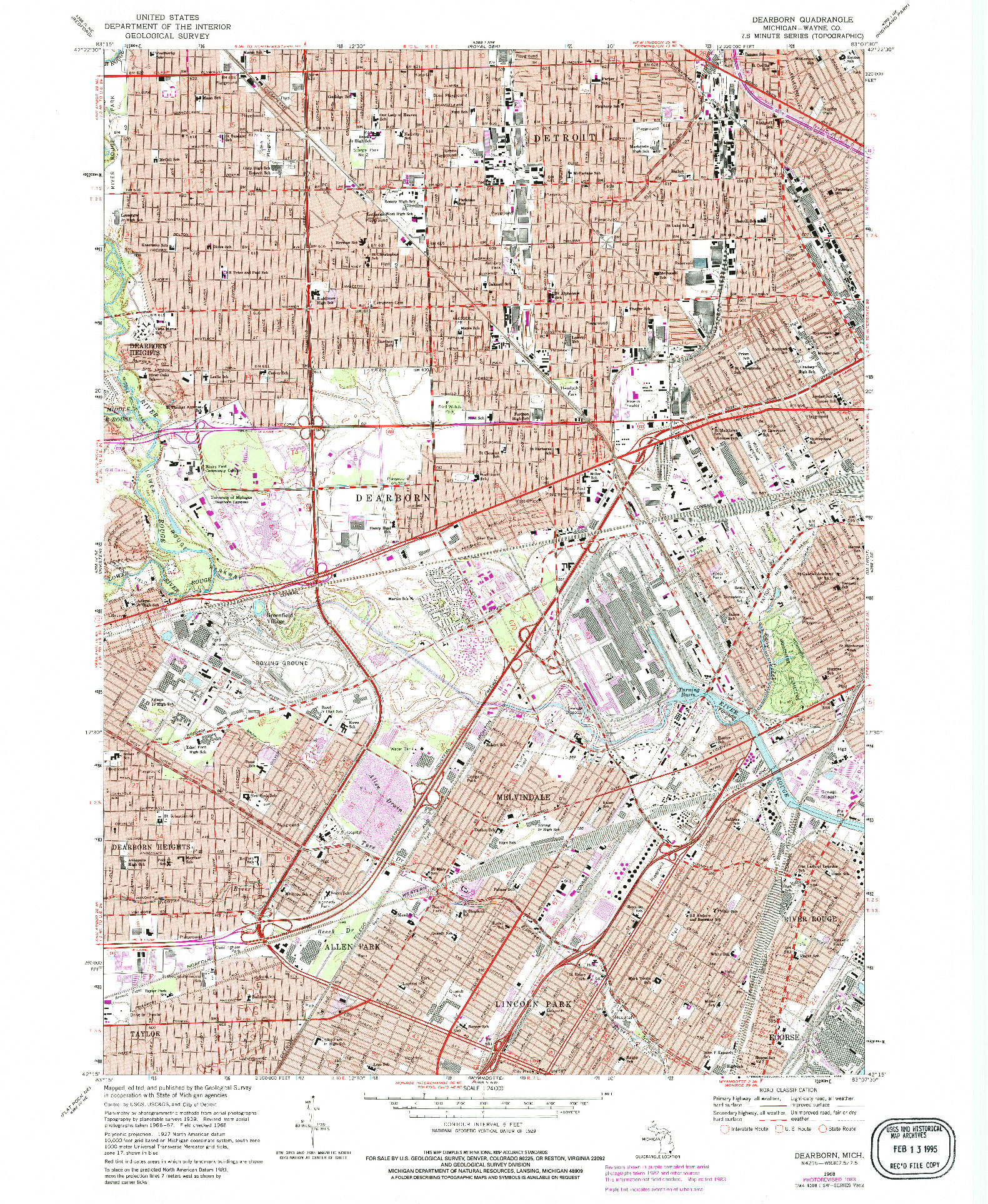 USGS 1:24000-SCALE QUADRANGLE FOR DEARBORN, MI 1968