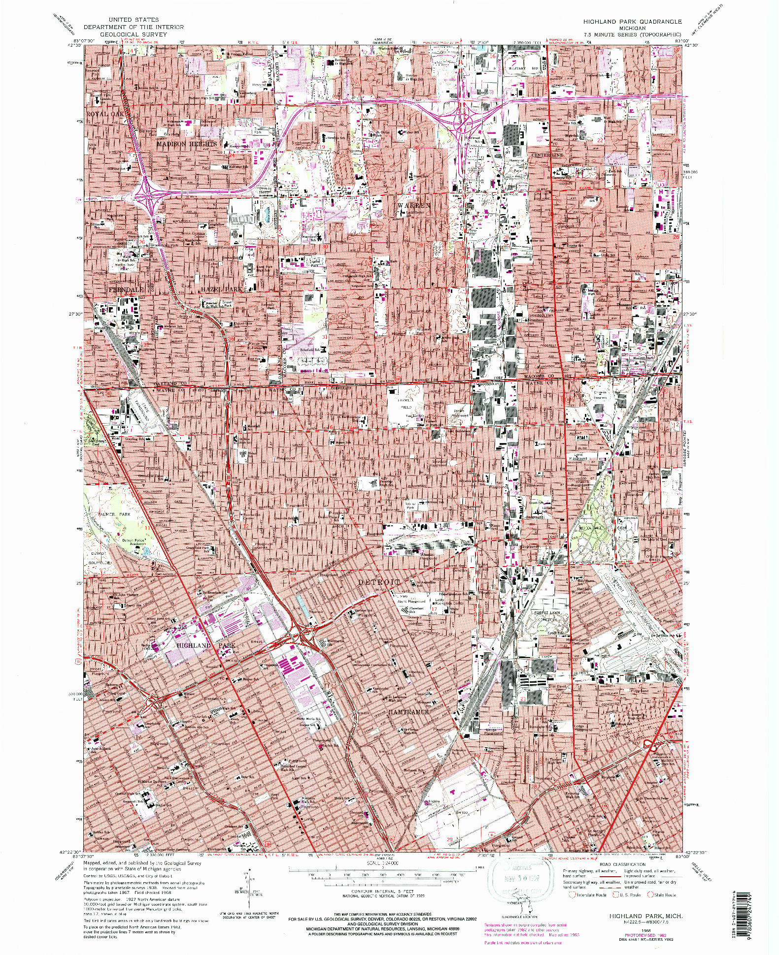 USGS 1:24000-SCALE QUADRANGLE FOR HIGHLAND PARK, MI 1968