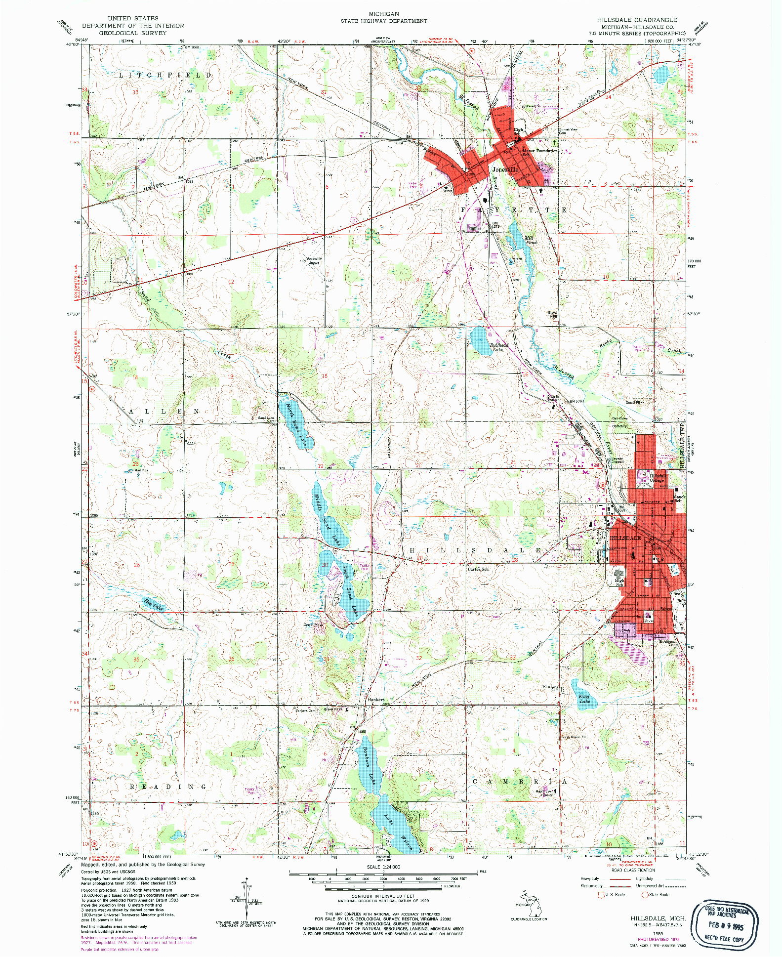 USGS 1:24000-SCALE QUADRANGLE FOR HILLSDALE, MI 1959