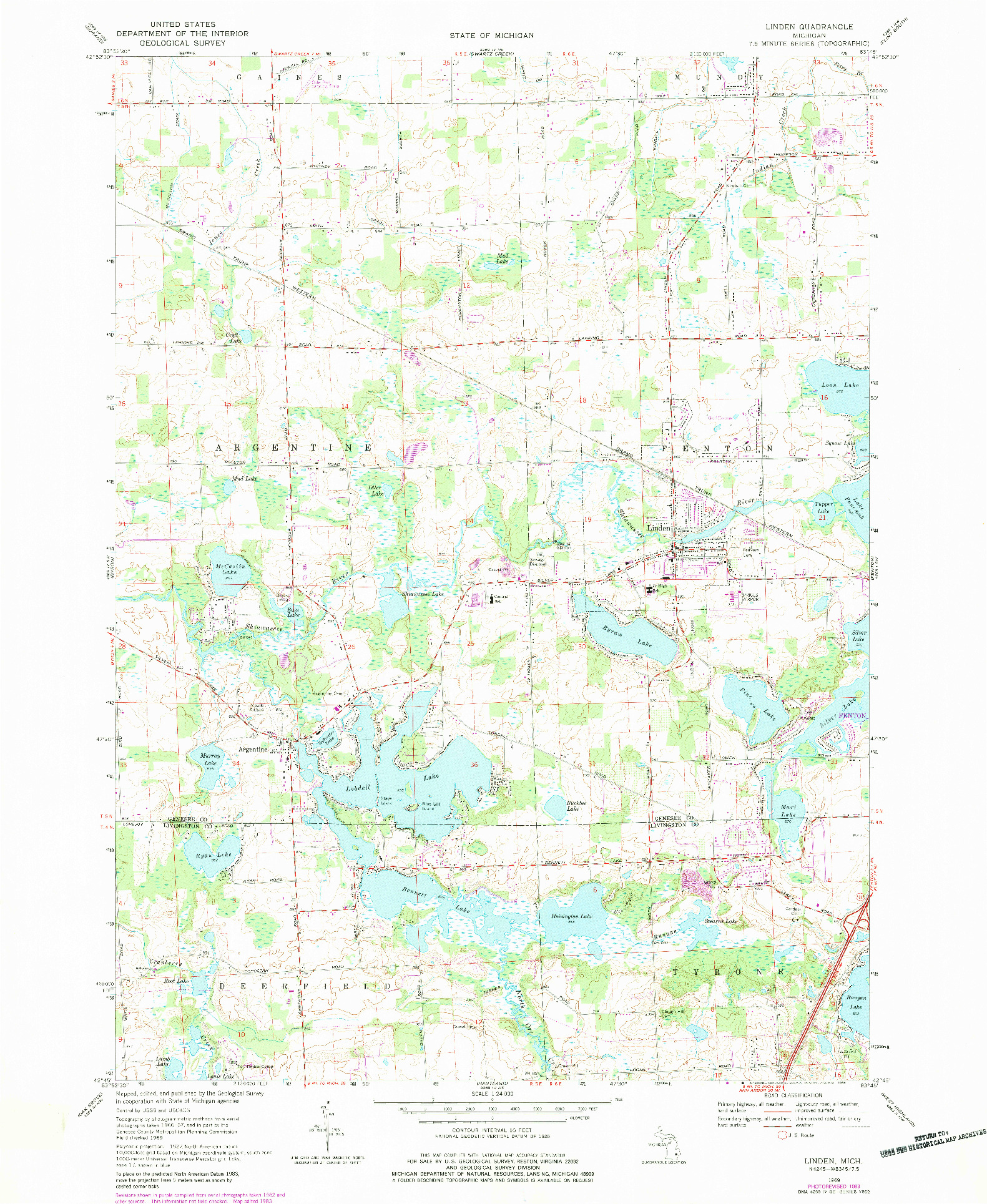 USGS 1:24000-SCALE QUADRANGLE FOR LINDEN, MI 1969