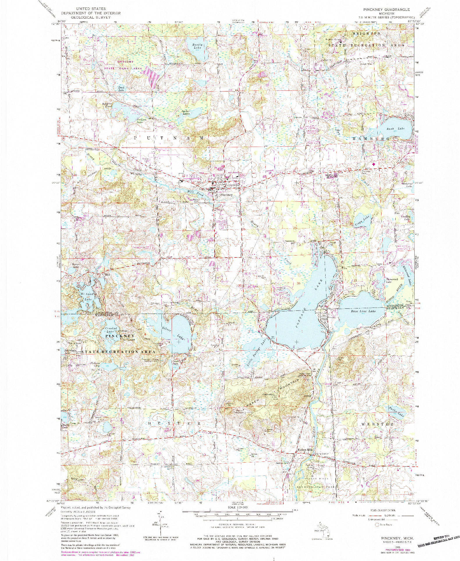USGS 1:24000-SCALE QUADRANGLE FOR PINCKNEY, MI 1965