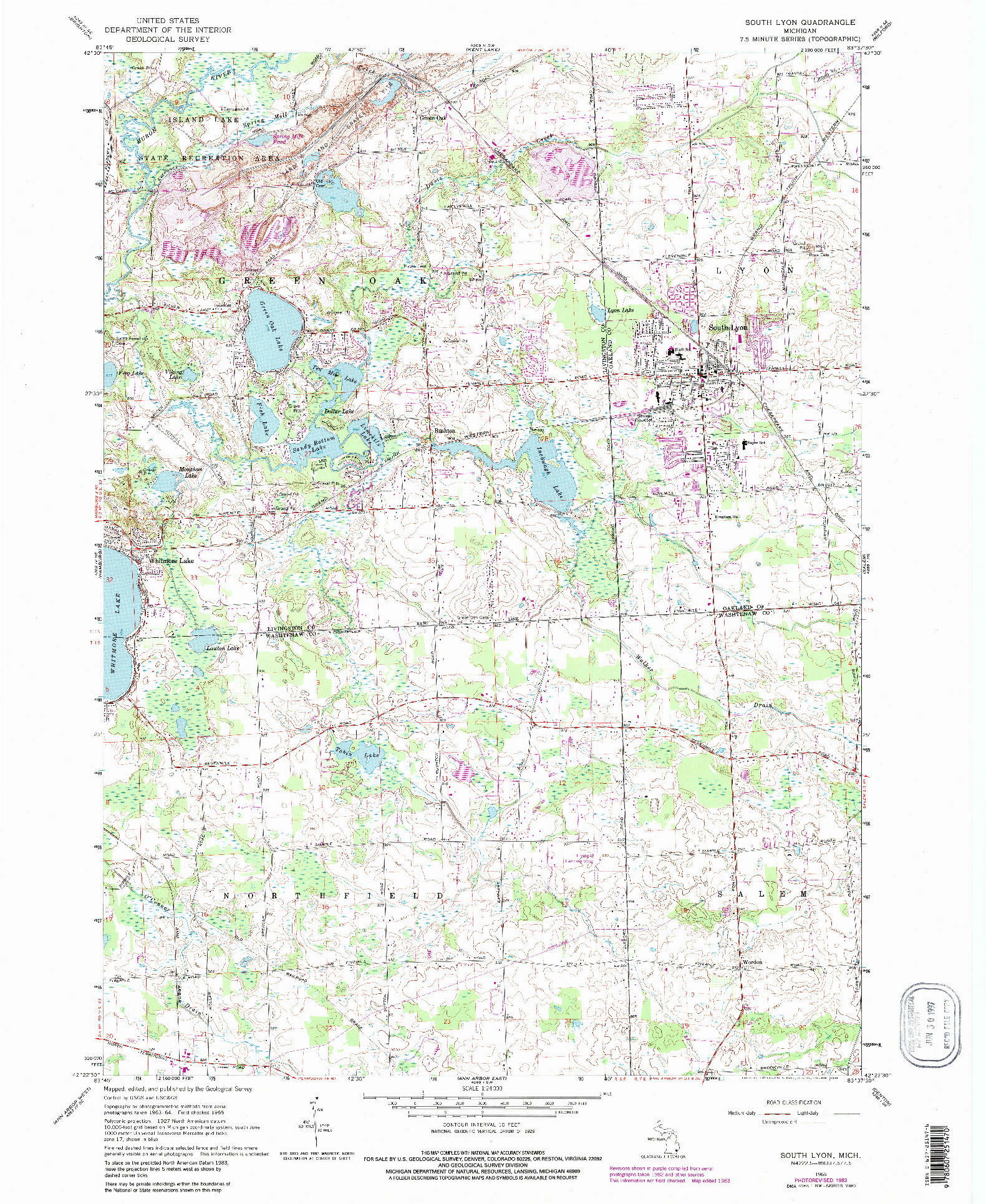 USGS 1:24000-SCALE QUADRANGLE FOR SOUTH LYON, MI 1965