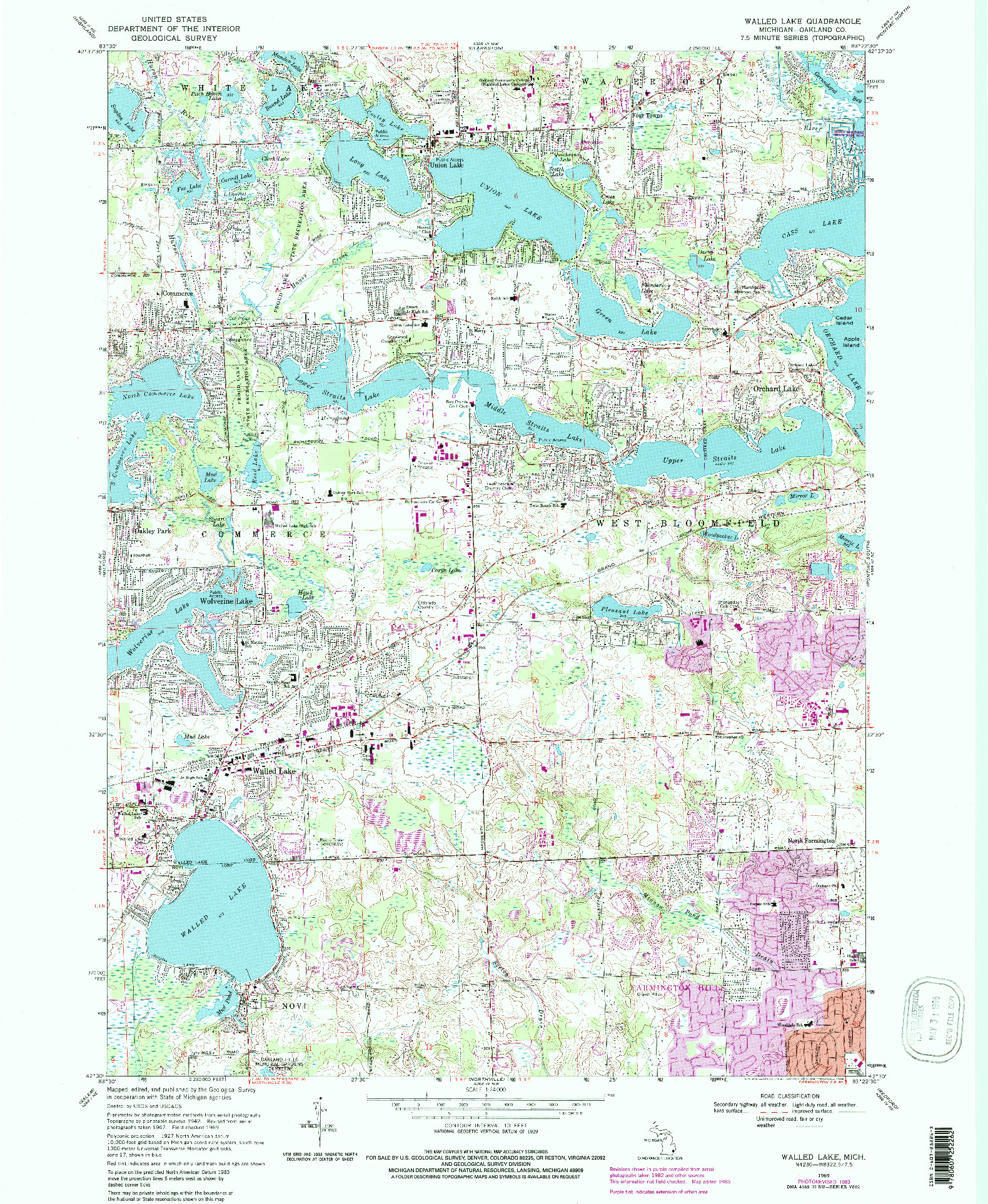 USGS 1:24000-SCALE QUADRANGLE FOR WALLED LAKE, MI 1969