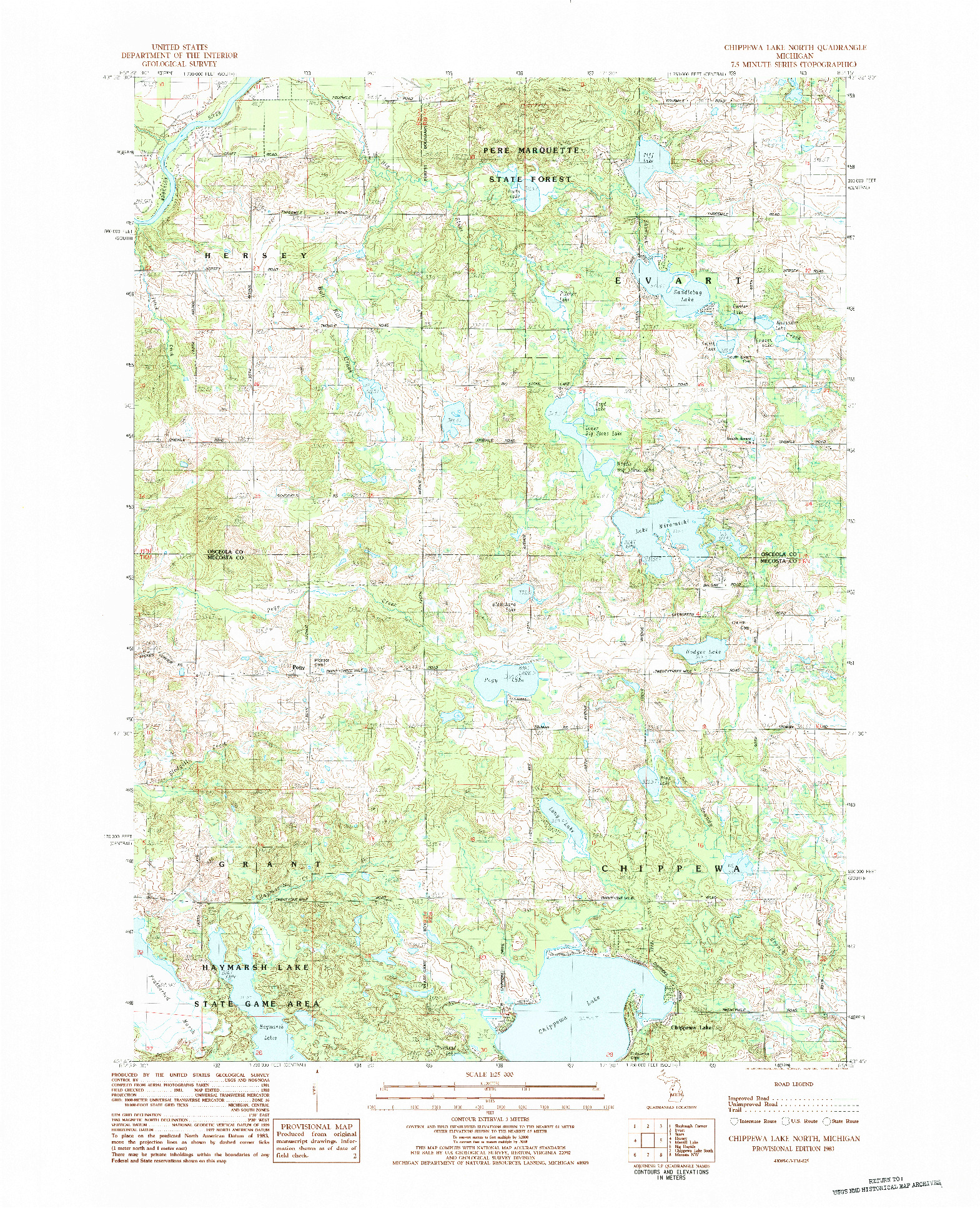 USGS 1:25000-SCALE QUADRANGLE FOR CHIPPEWA LAKE NORTH, MI 1983
