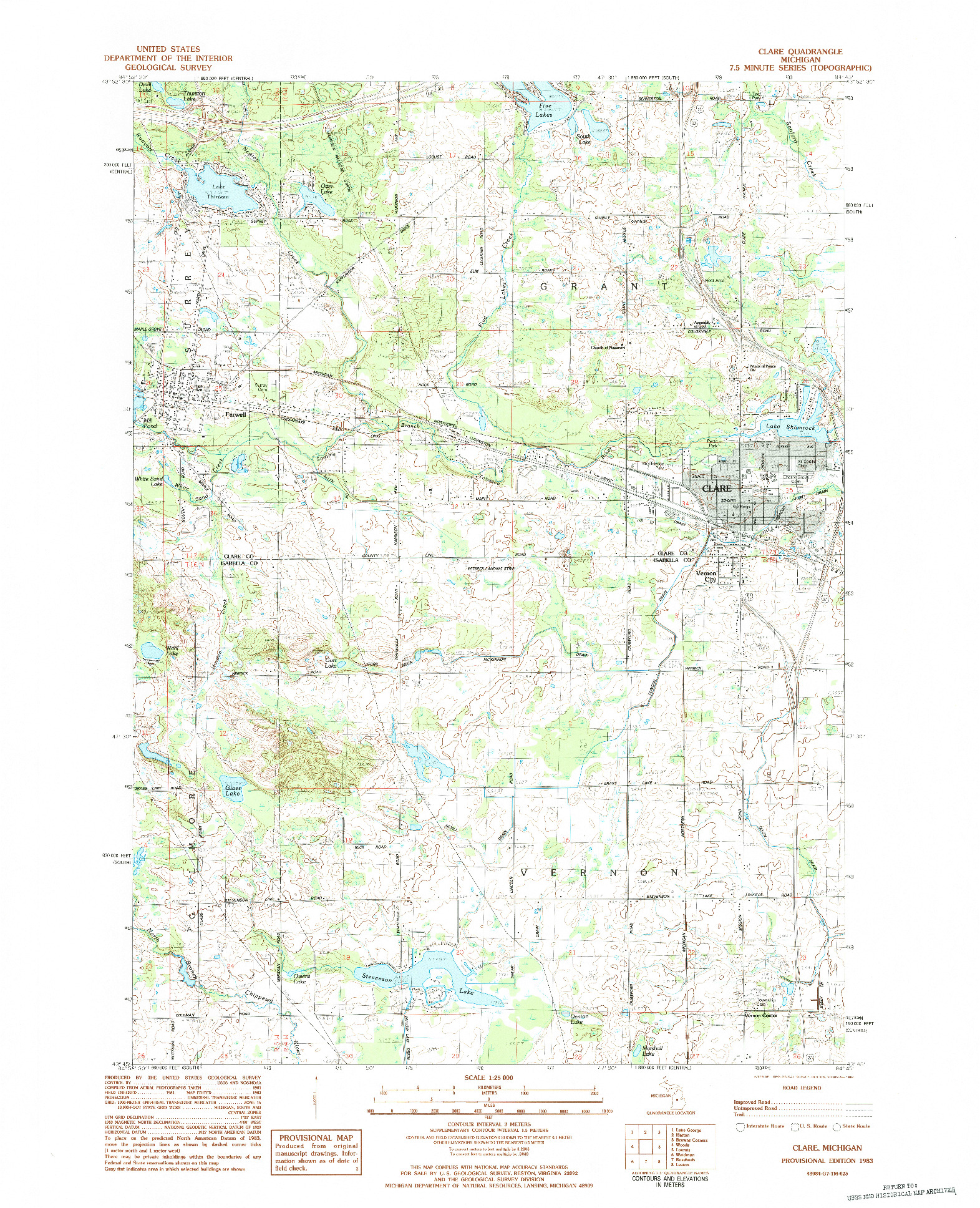 USGS 1:25000-SCALE QUADRANGLE FOR CLARE, MI 1983