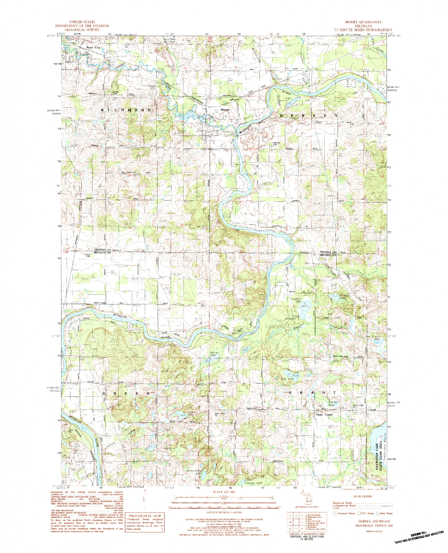 USGS 1:25000-SCALE QUADRANGLE FOR HERSEY, MI 1983