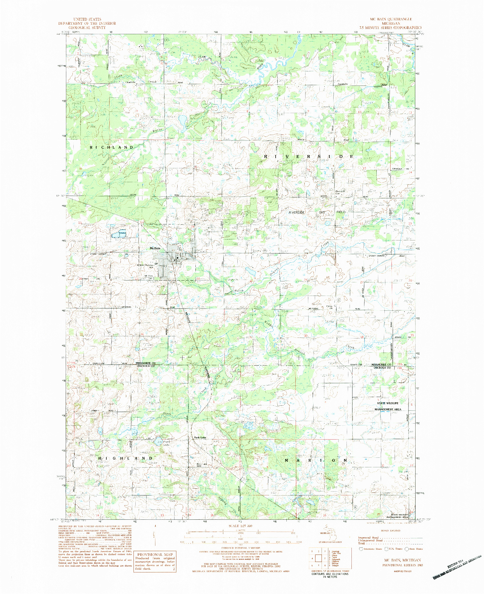 USGS 1:25000-SCALE QUADRANGLE FOR MCBAIN, MI 1983