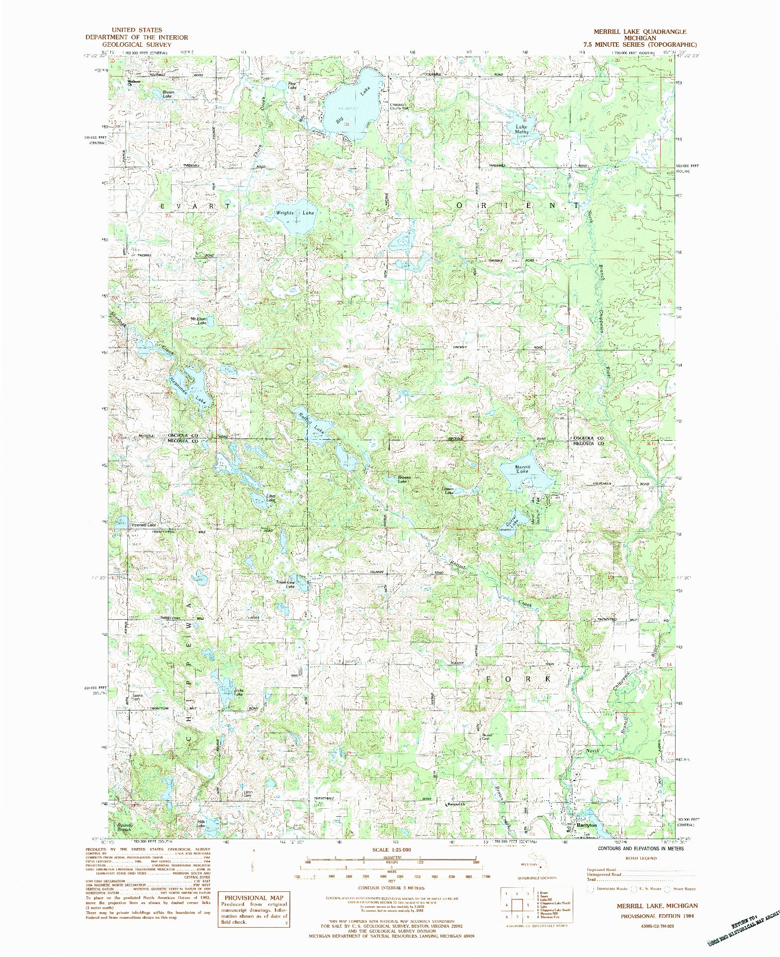 USGS 1:25000-SCALE QUADRANGLE FOR MERRILL LAKE, MI 1984