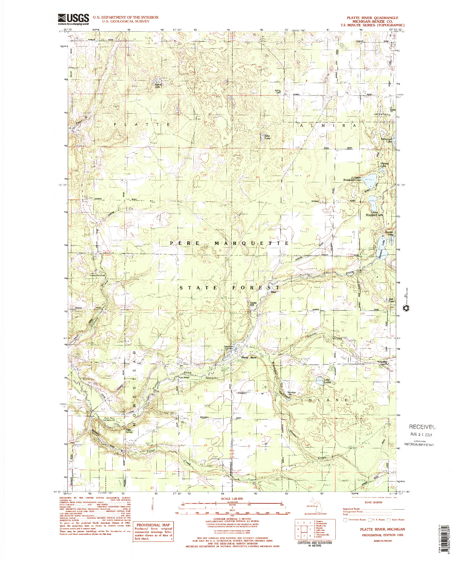 USGS 1:25000-SCALE QUADRANGLE FOR PLATTE RIVER, MI 1983