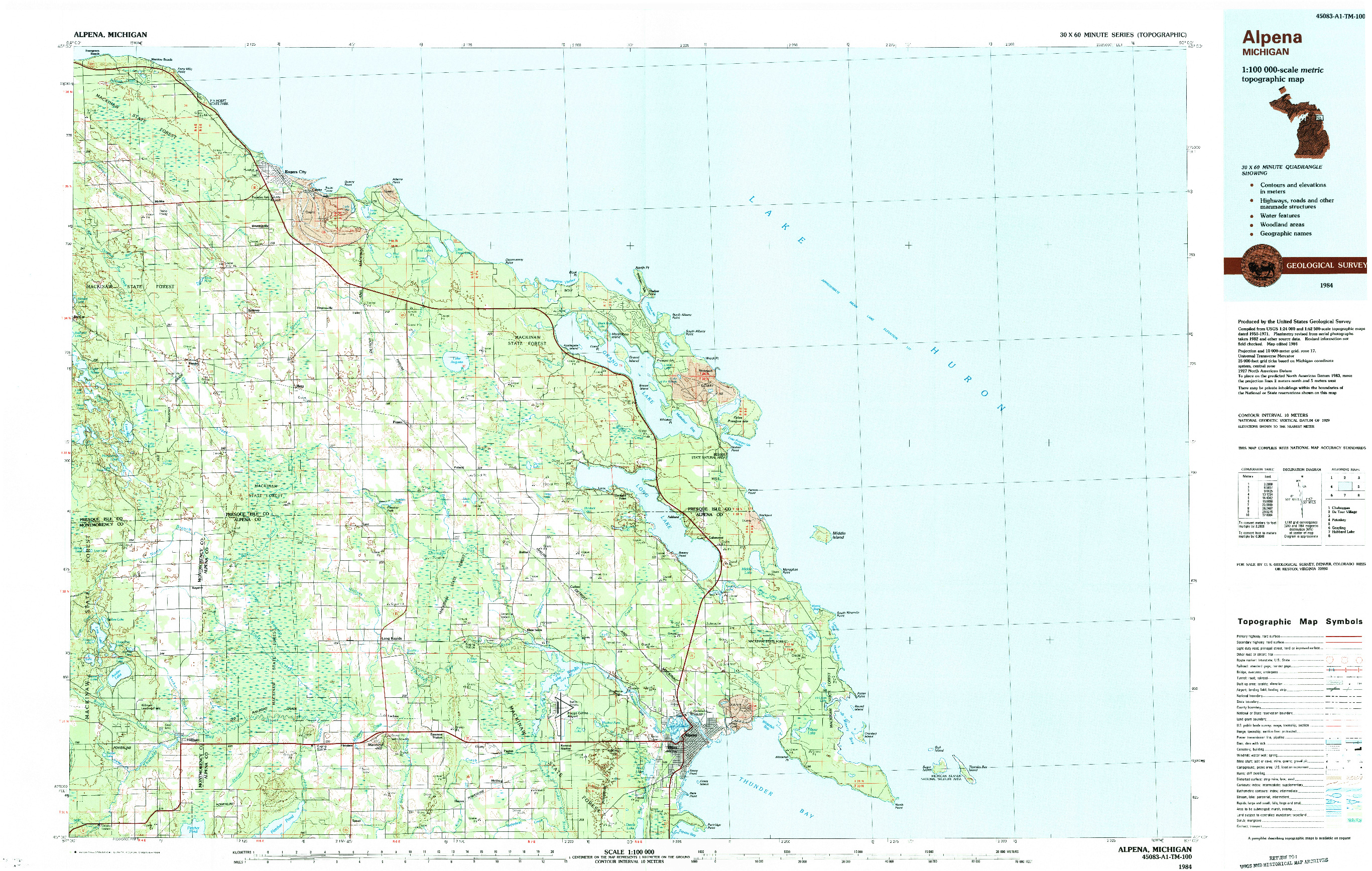 USGS 1:100000-SCALE QUADRANGLE FOR ALPENA, MI 1984