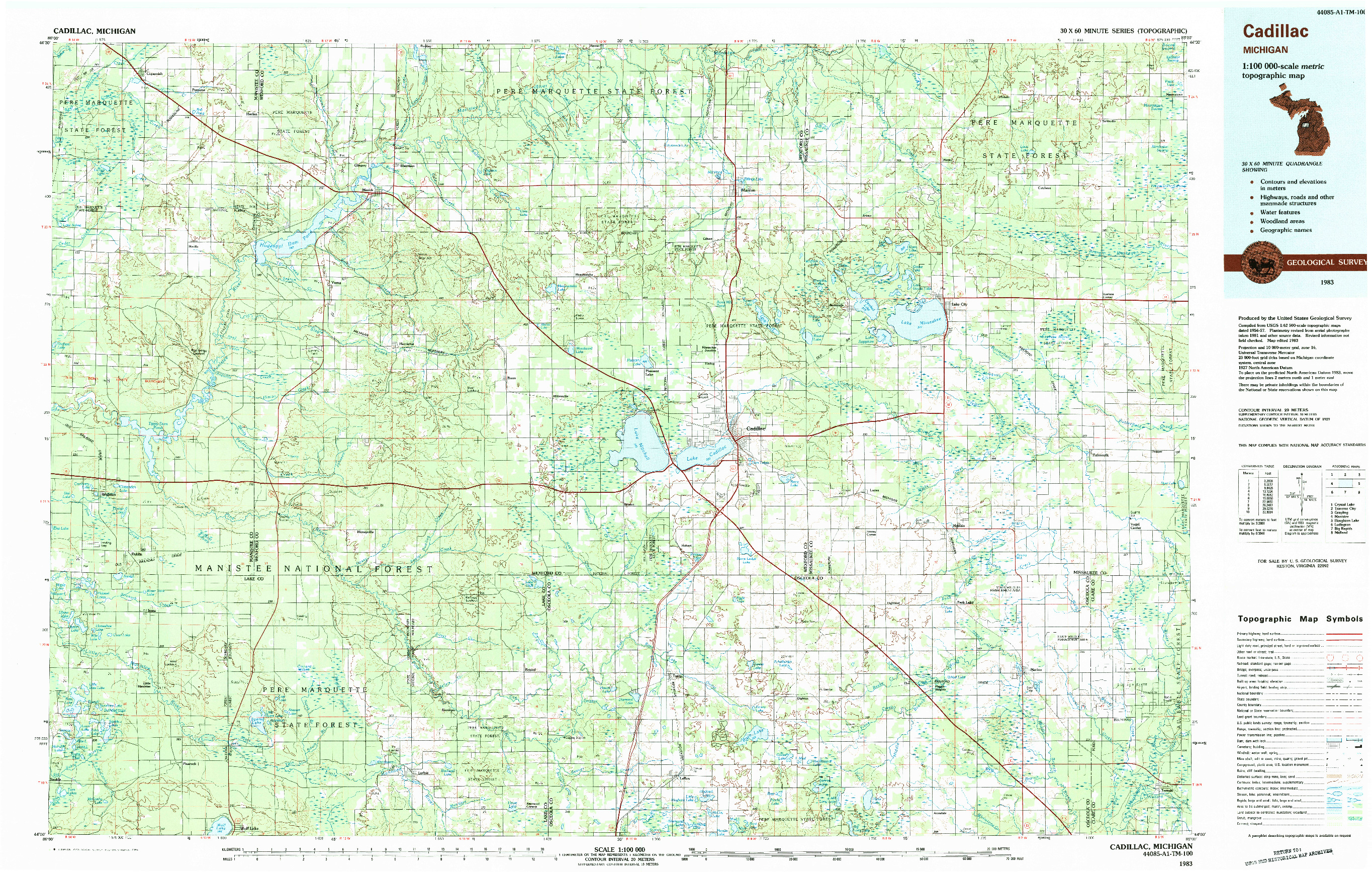 USGS 1:100000-SCALE QUADRANGLE FOR CADILLAC, MI 1983