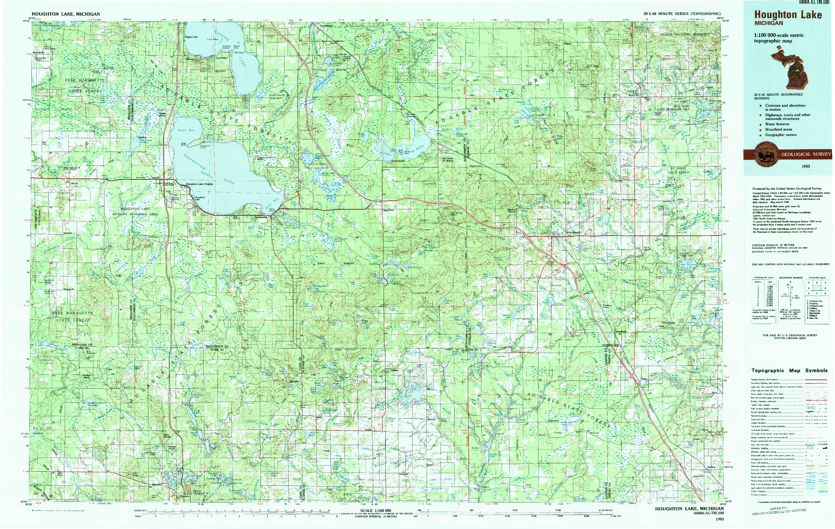 USGS 1:100000-SCALE QUADRANGLE FOR HOUGHTON LAKE, MI 1983