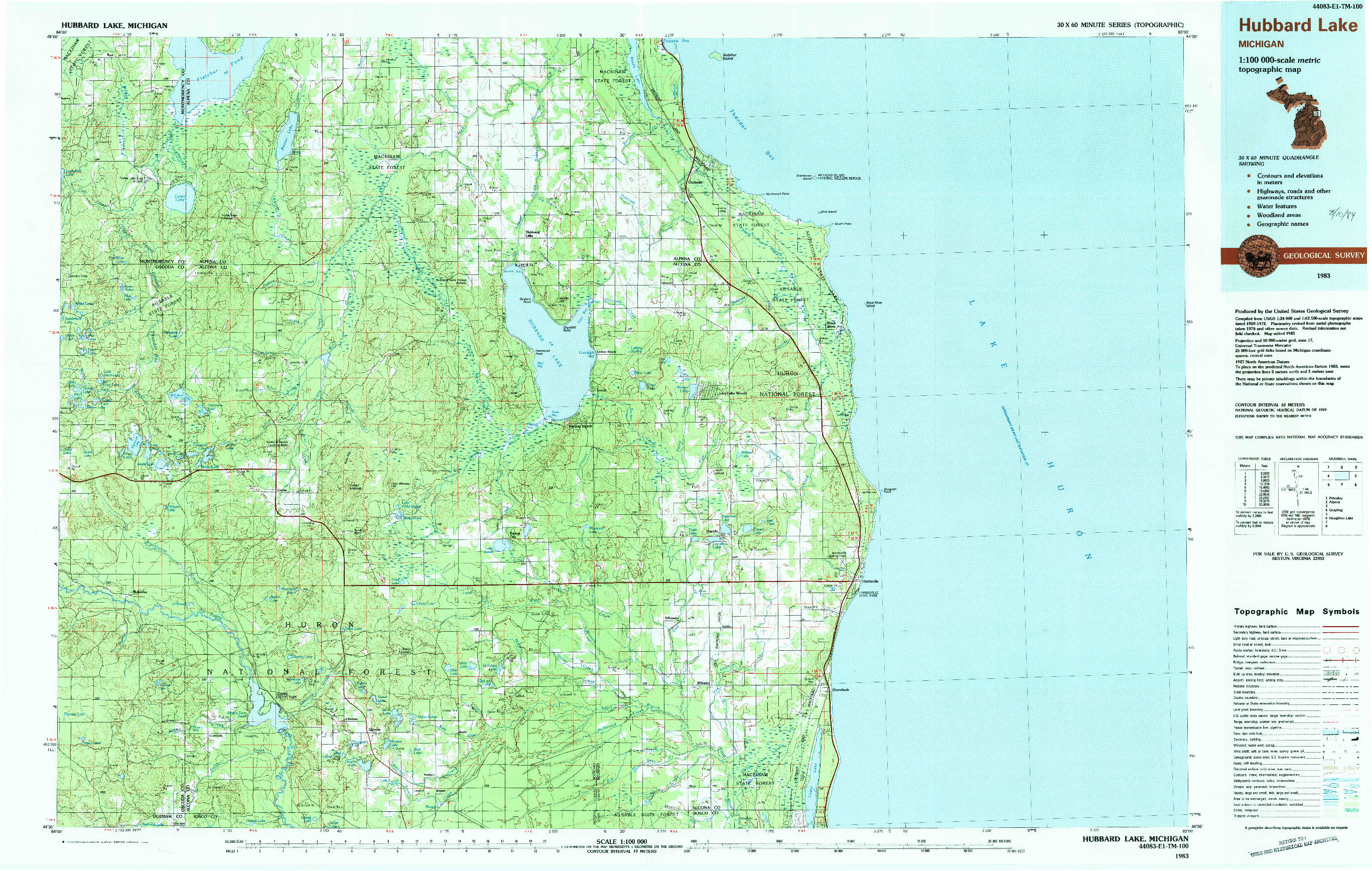 USGS 1:100000-SCALE QUADRANGLE FOR HUBBARD LAKE, MI 1983
