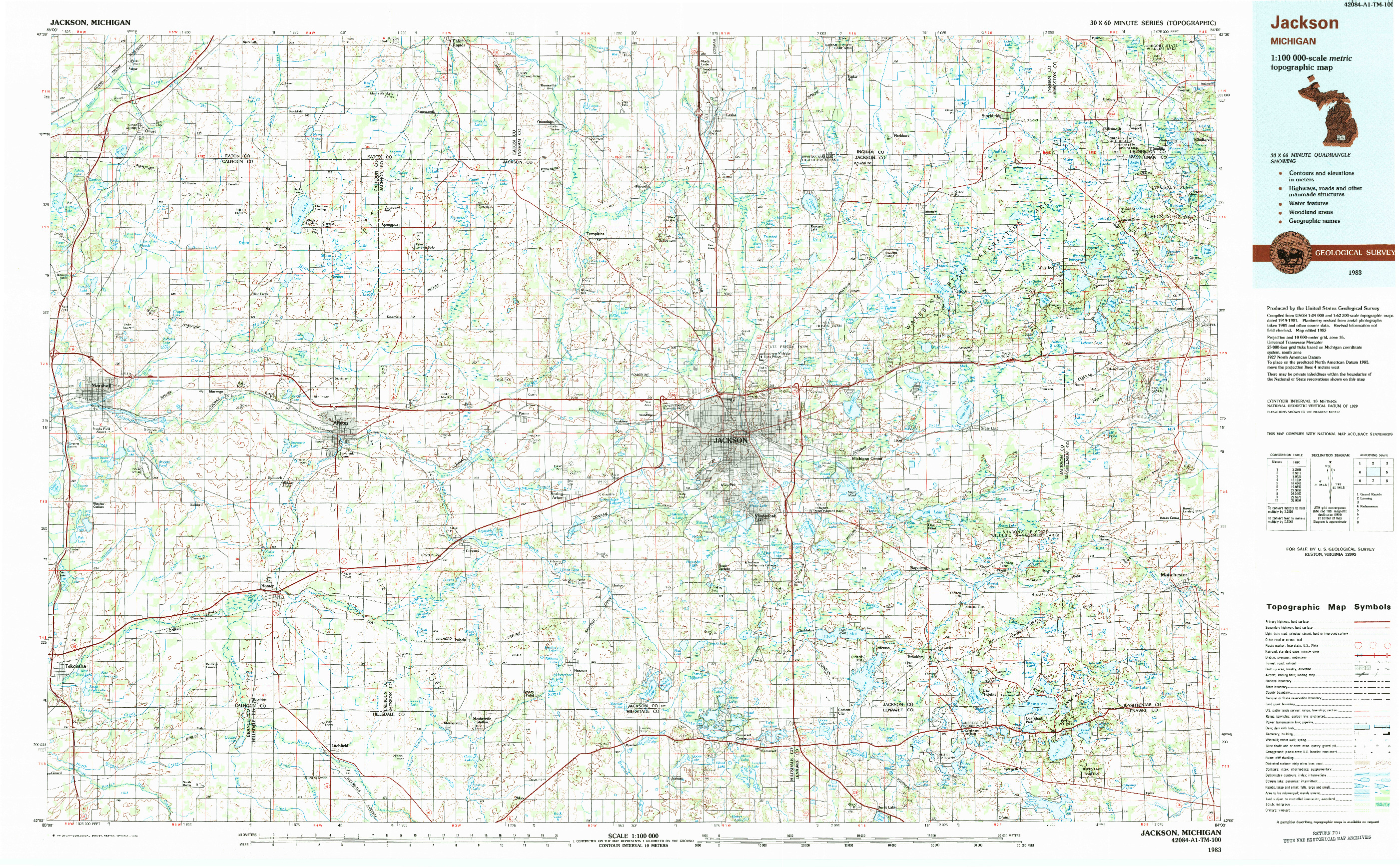 USGS 1:100000-SCALE QUADRANGLE FOR JACKSON, MI 1983