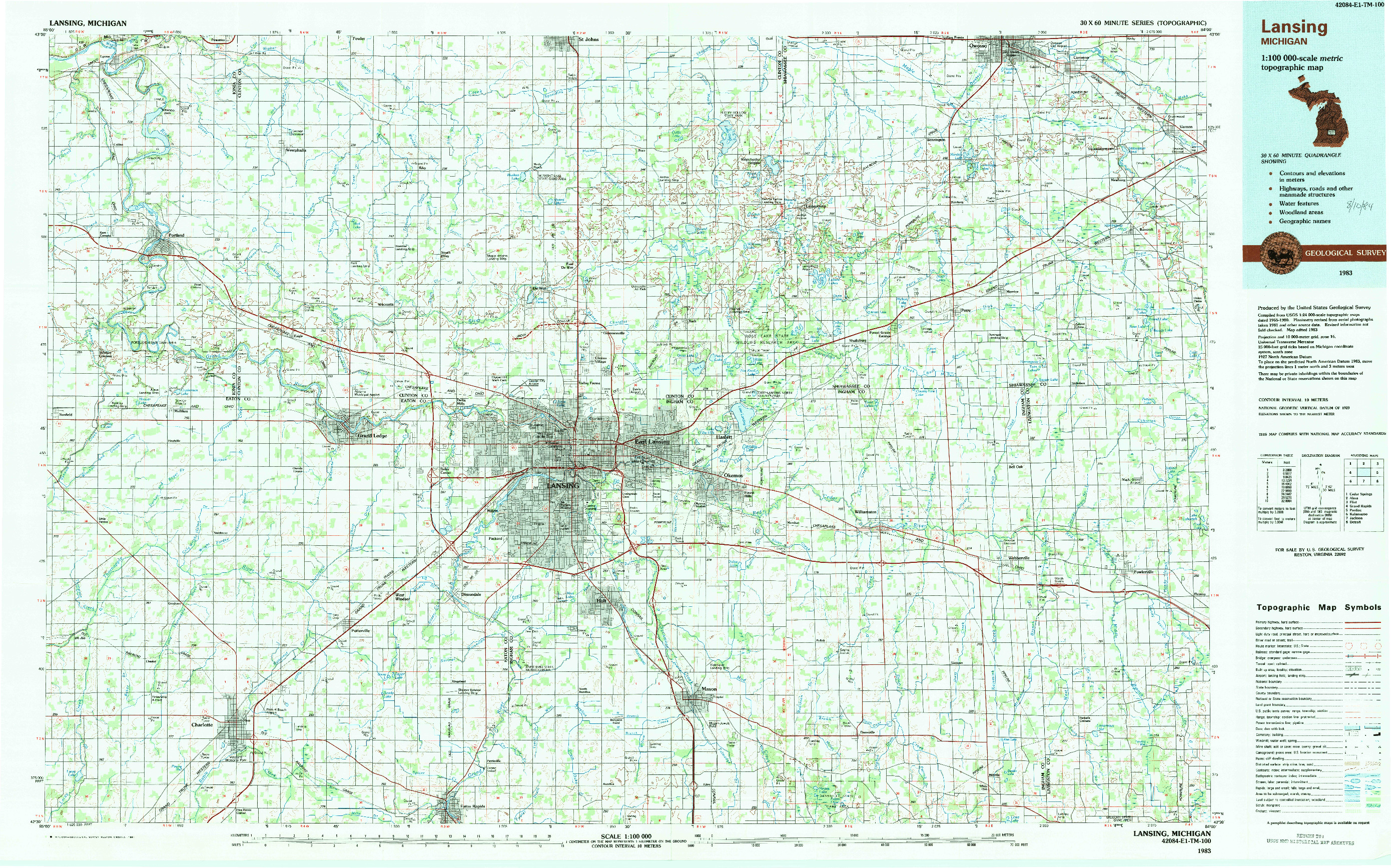 USGS 1:100000-SCALE QUADRANGLE FOR LANSING, MI 1983