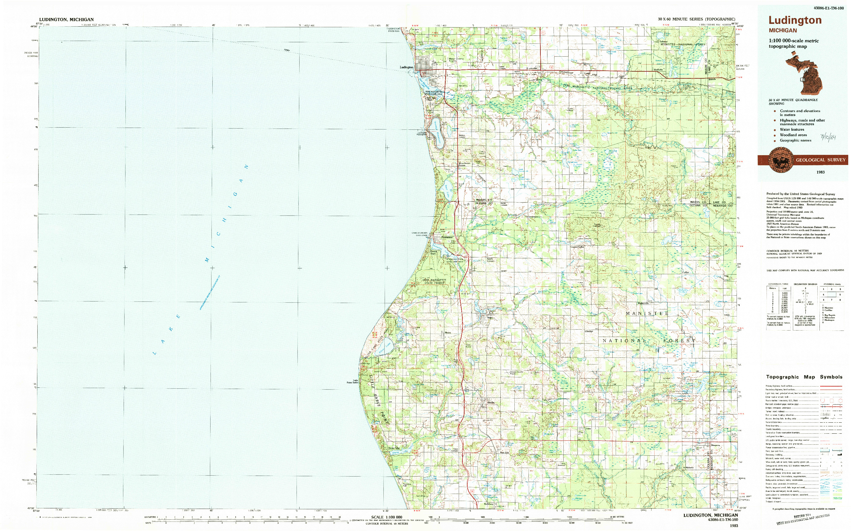 USGS 1:100000-SCALE QUADRANGLE FOR LUDINGTON, MI 1983