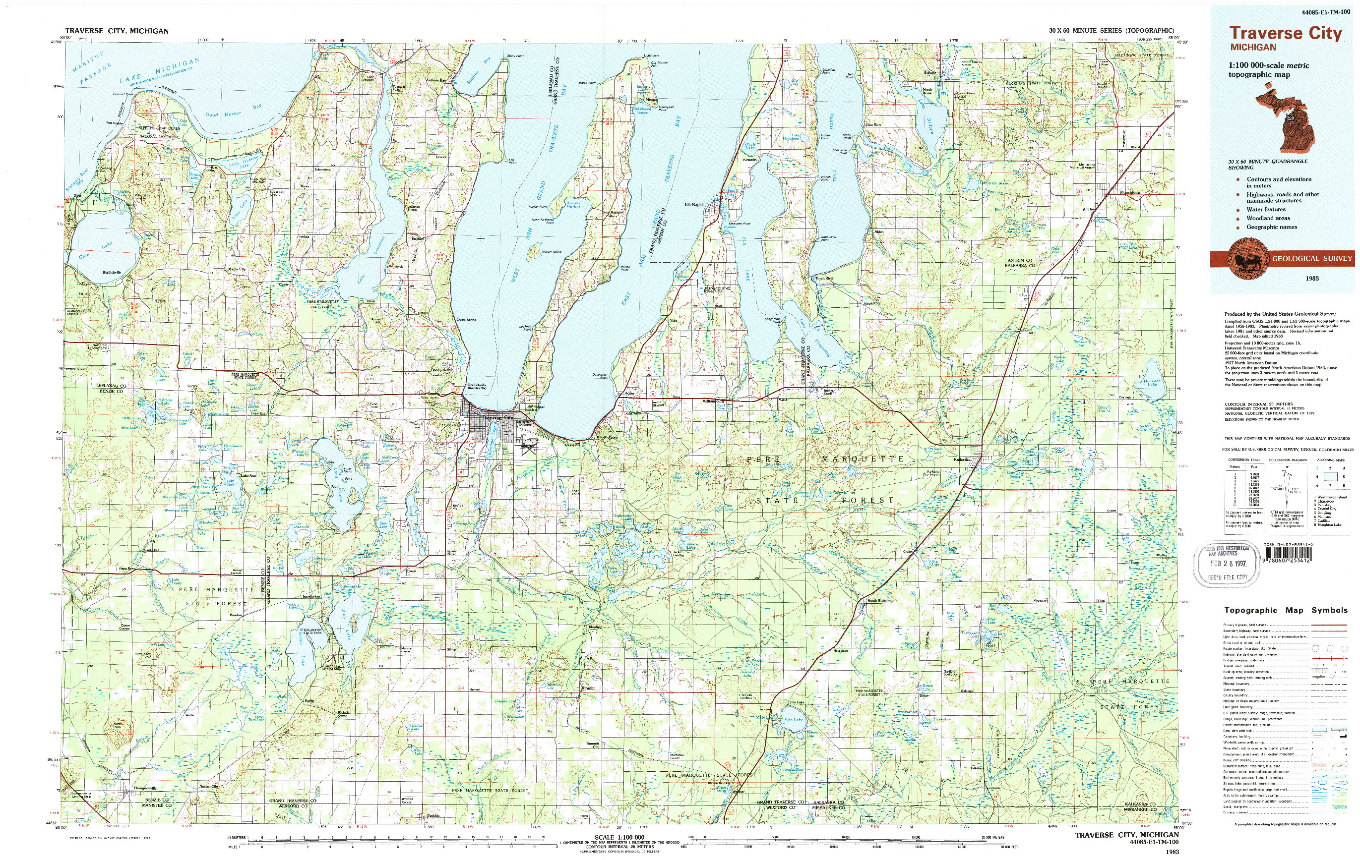 USGS 1:100000-SCALE QUADRANGLE FOR TRAVERSE CITY, MI 1983