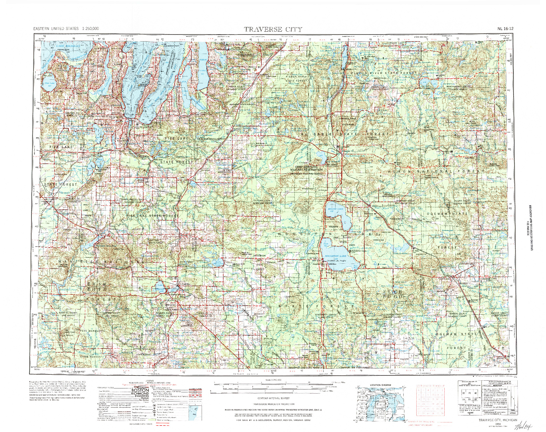 USGS 1:250000-SCALE QUADRANGLE FOR TRAVERSE CITY, MI 1954