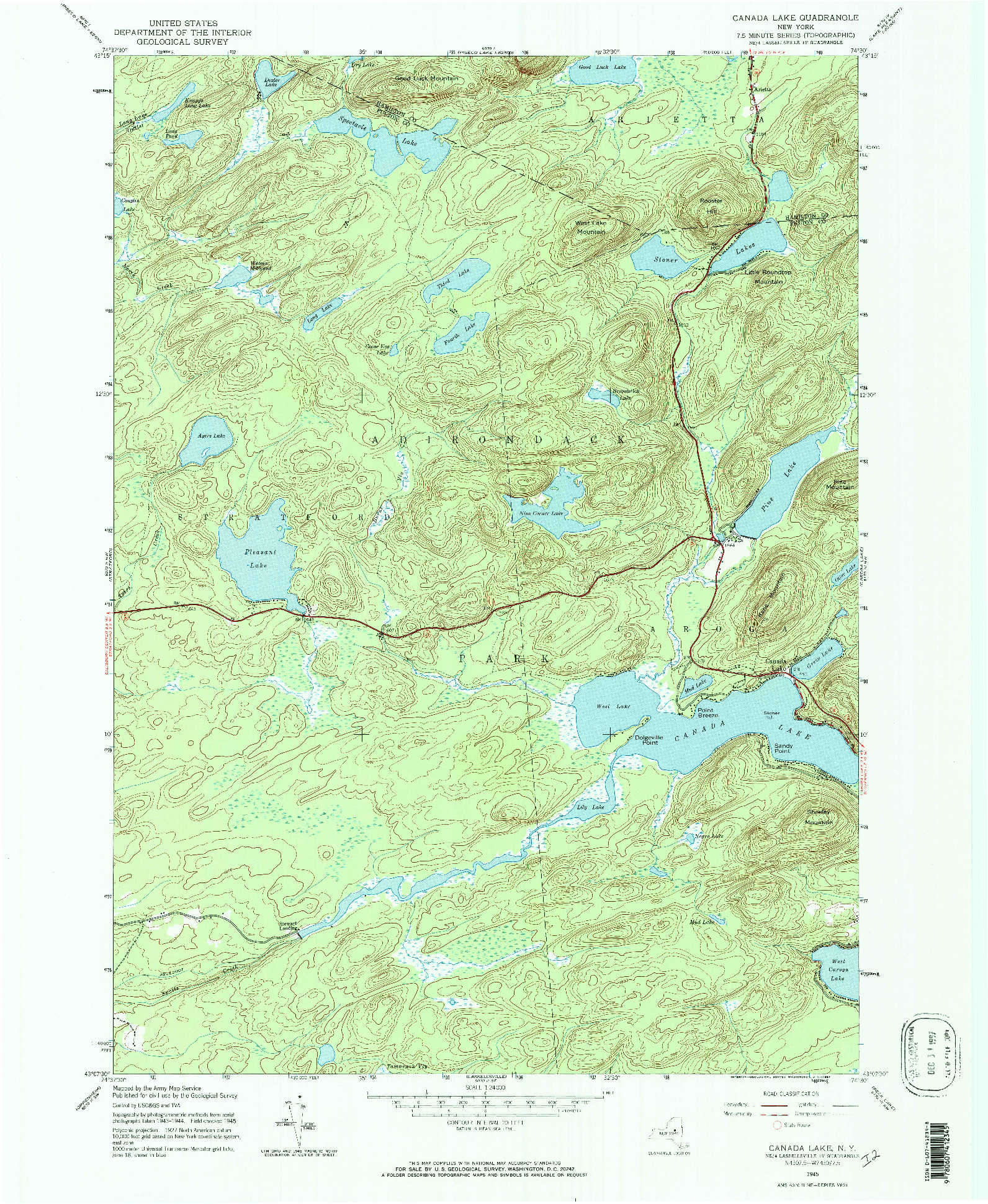 USGS 1:24000-SCALE QUADRANGLE FOR CANADA LAKE, NY 1945