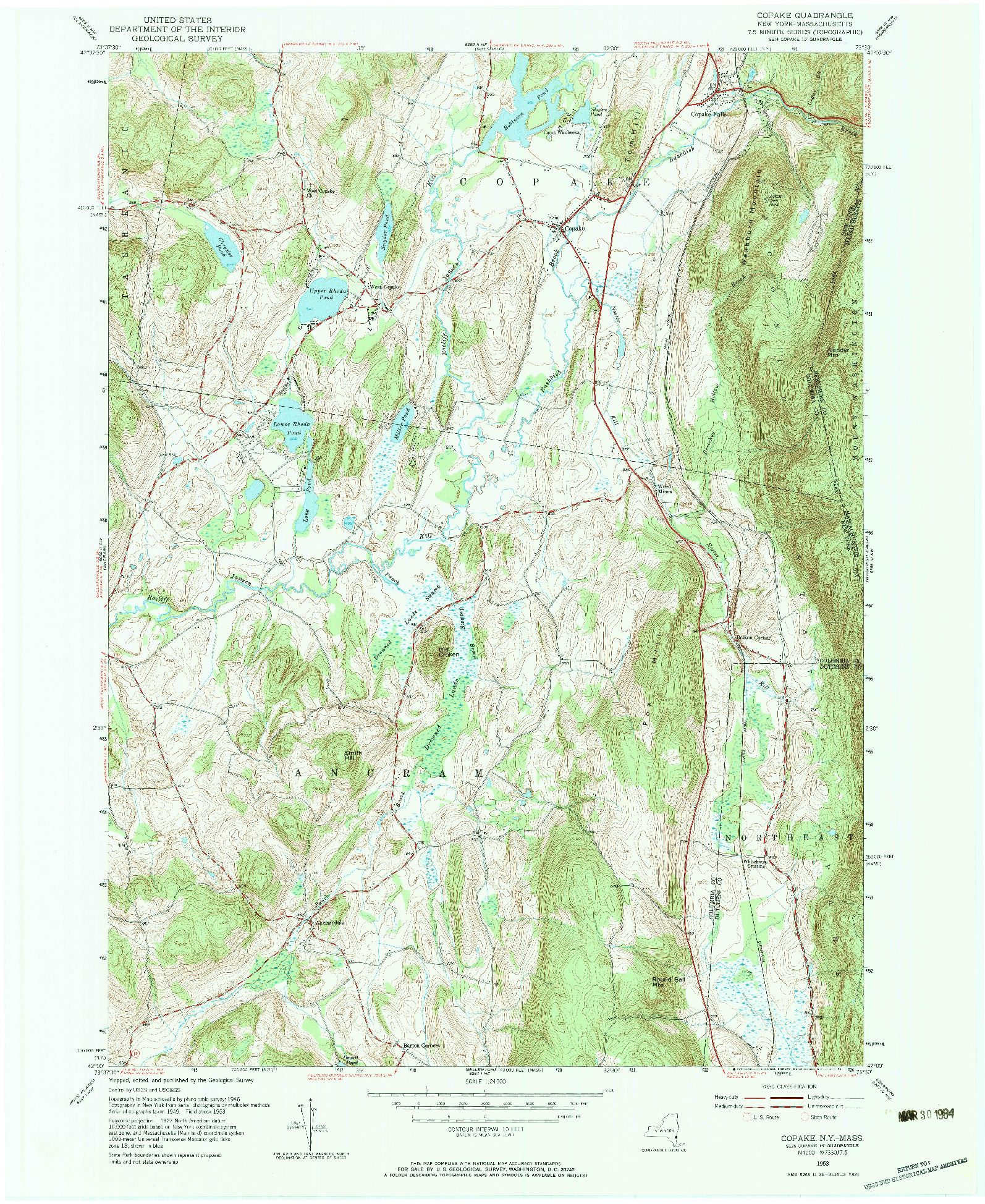 USGS 1:24000-SCALE QUADRANGLE FOR COPAKE, NY 1953