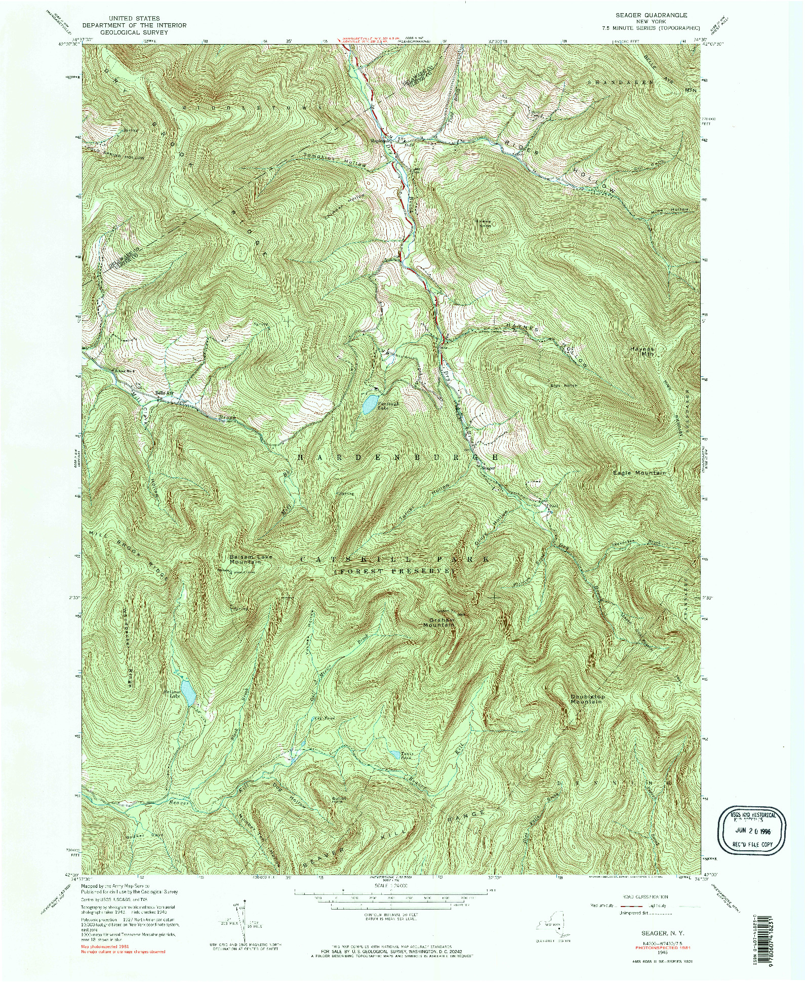 USGS 1:24000-SCALE QUADRANGLE FOR SEAGER, NY 1945