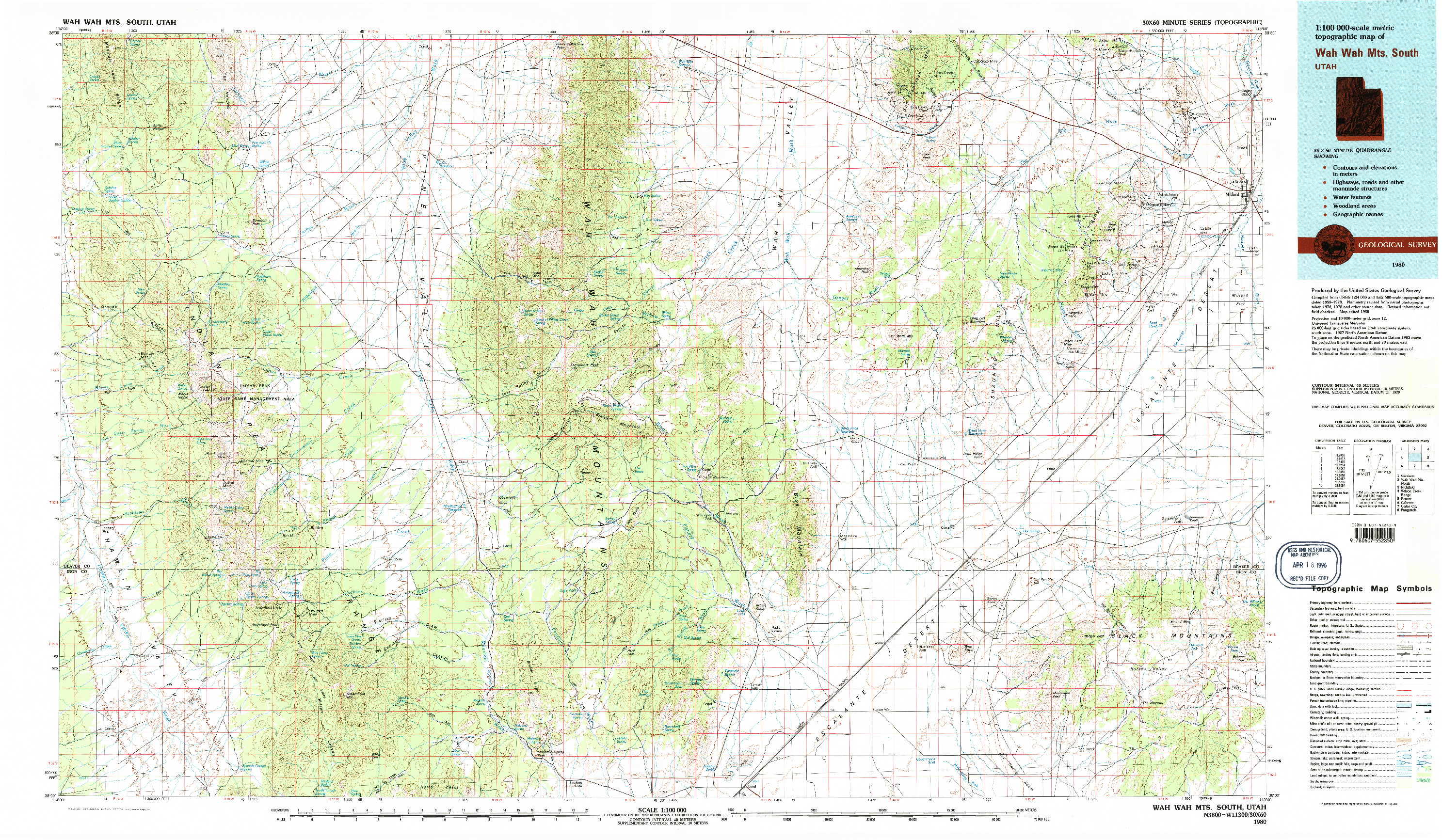 USGS 1:100000-SCALE QUADRANGLE FOR WAH WAH MTS. SOUTH, UT 1980