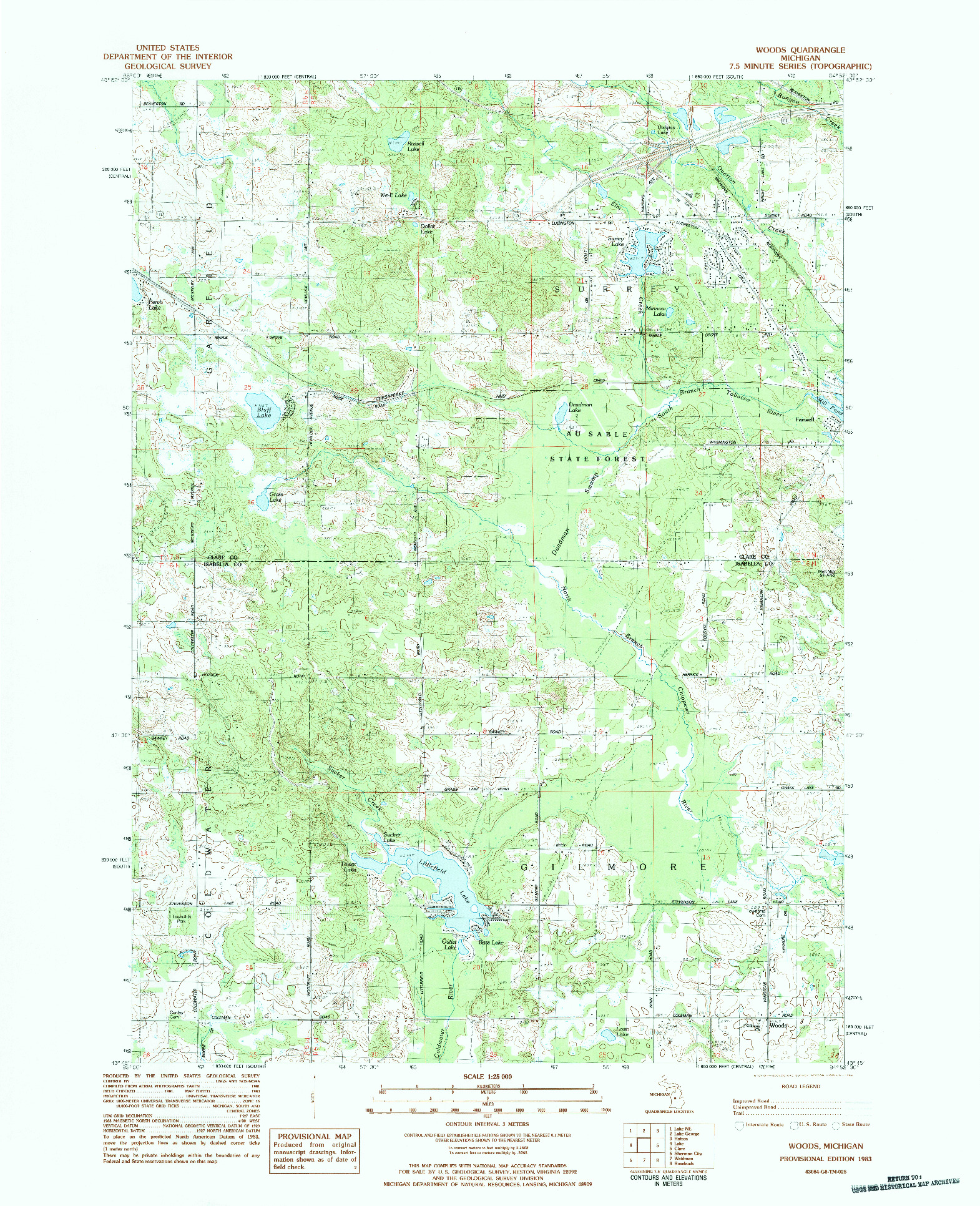 USGS 1:25000-SCALE QUADRANGLE FOR WOODS, MI 1983