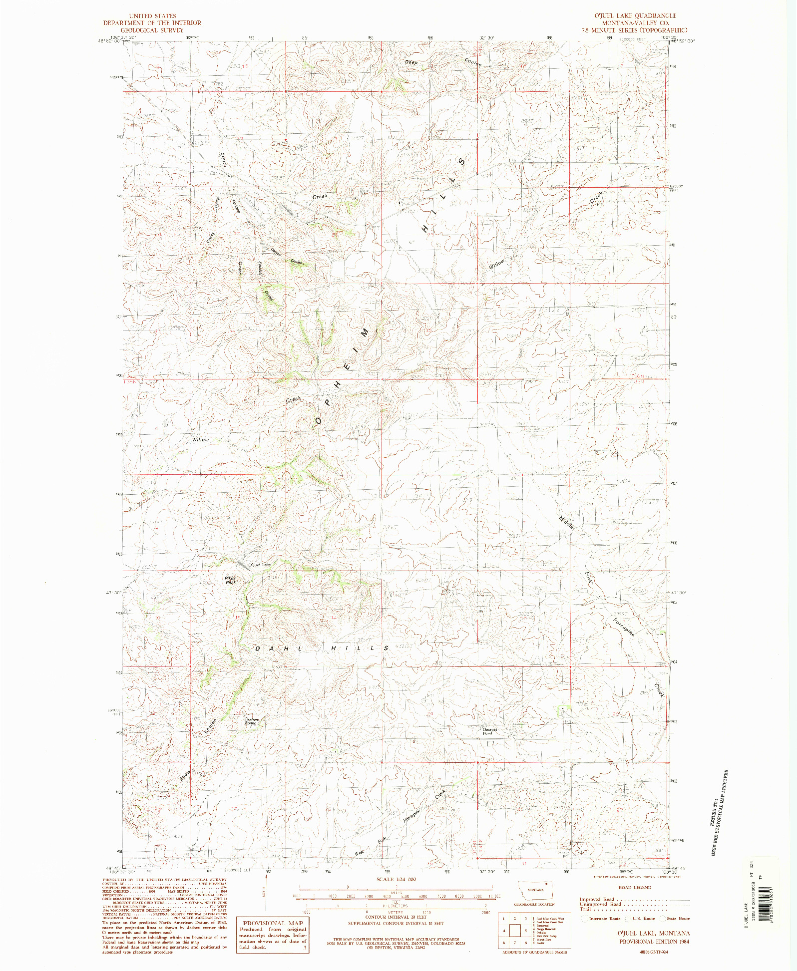 USGS 1:24000-SCALE QUADRANGLE FOR O'JUEL LAKE, MT 1984
