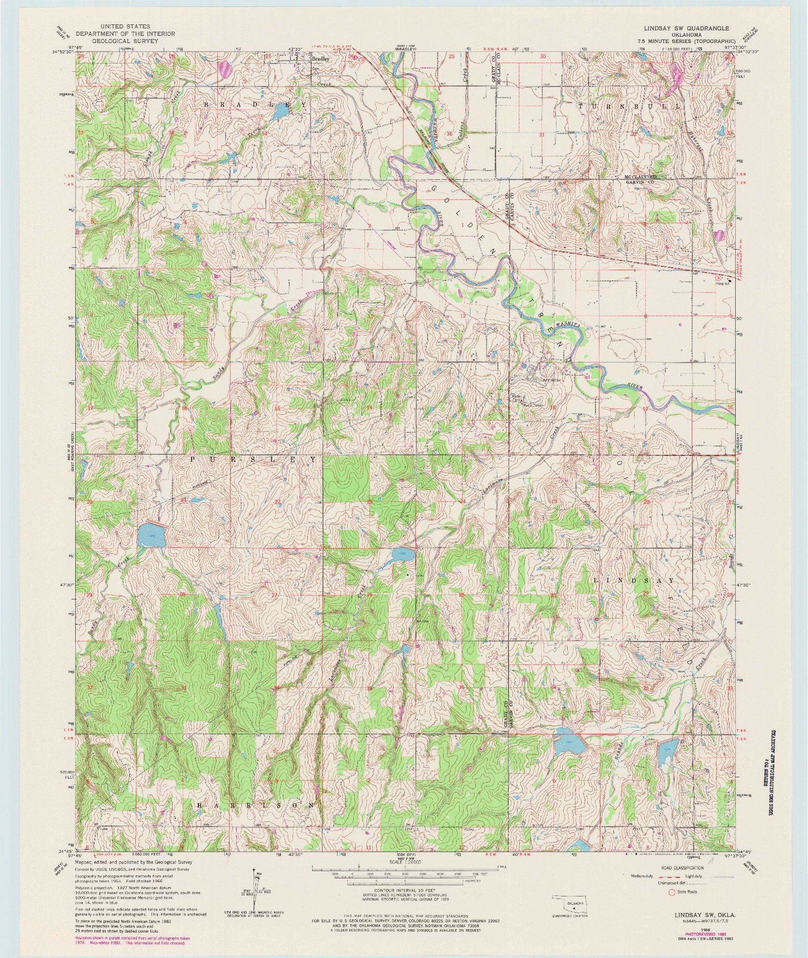 USGS 1:24000-SCALE QUADRANGLE FOR LINDSAY SW, OK 1966