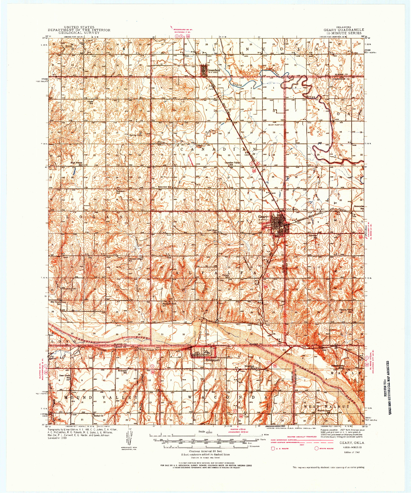 USGS 1:62500-SCALE QUADRANGLE FOR GEARY, OK 1942