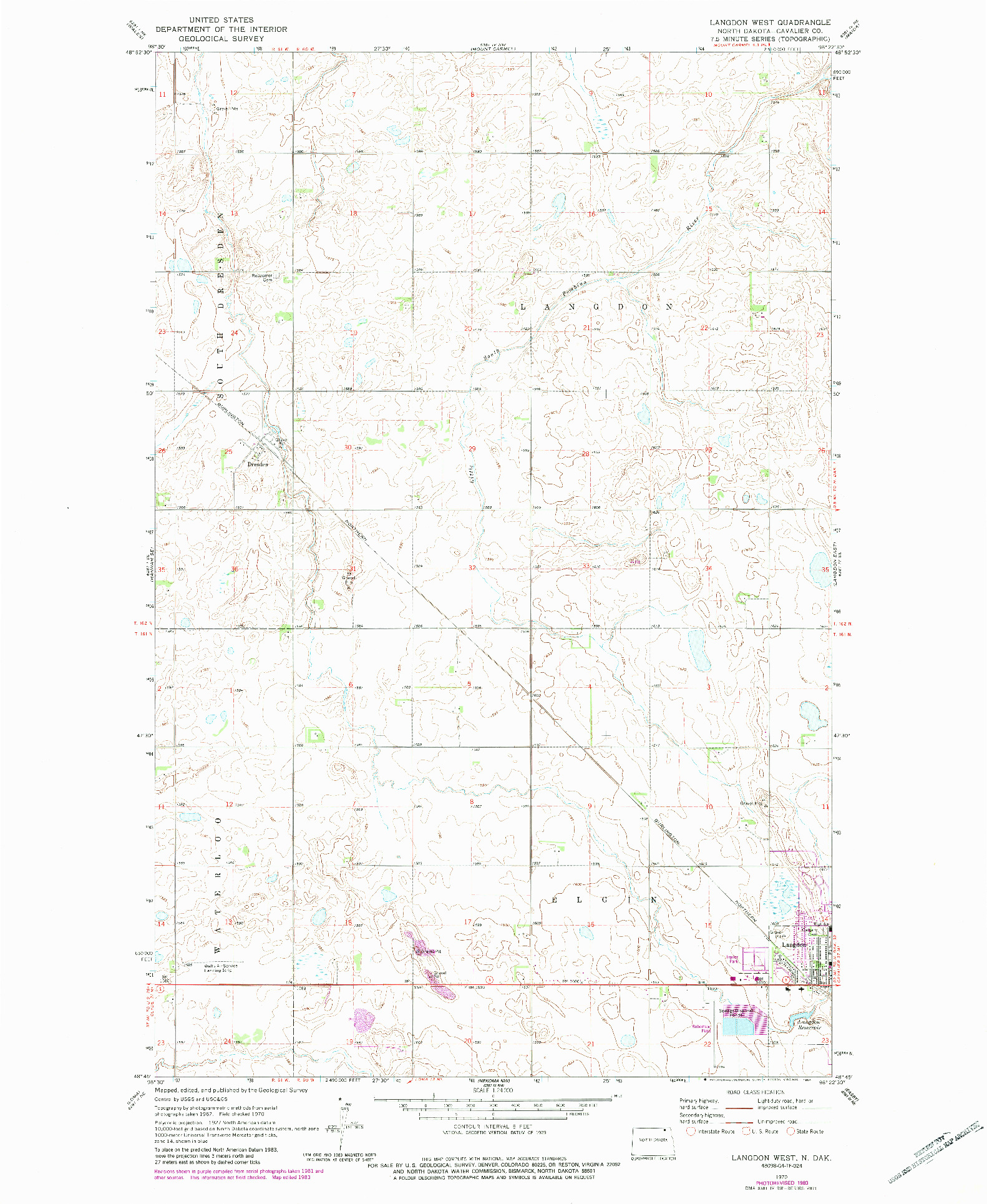 USGS 1:24000-SCALE QUADRANGLE FOR LANGDON WEST, ND 1970