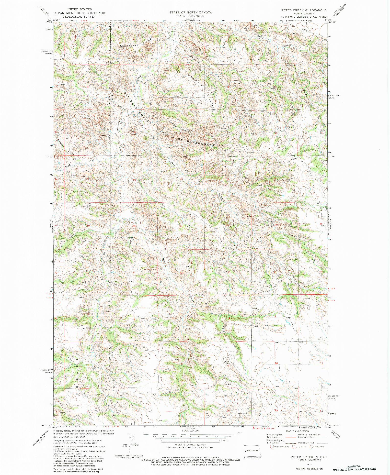 USGS 1:24000-SCALE QUADRANGLE FOR PETES CREEK, ND 1974