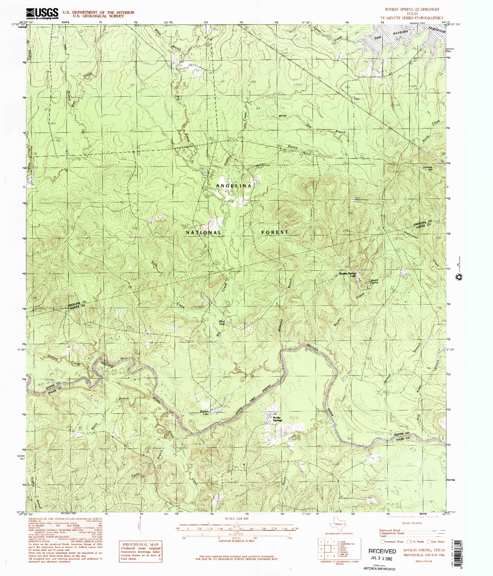 USGS 1:24000-SCALE QUADRANGLE FOR BOYKIN SPRING, TX 1984