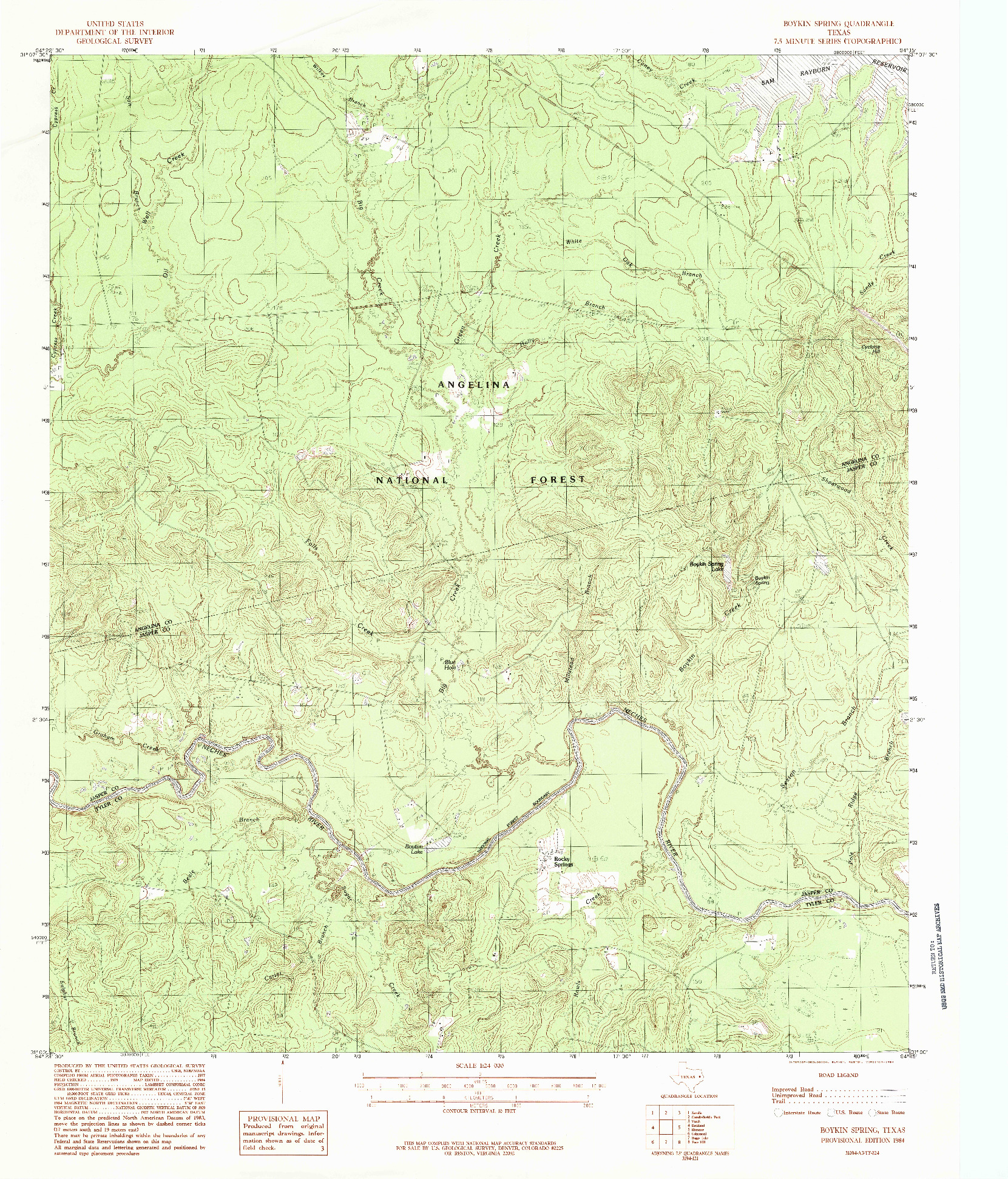 USGS 1:24000-SCALE QUADRANGLE FOR BOYKIN SPRING, TX 1984