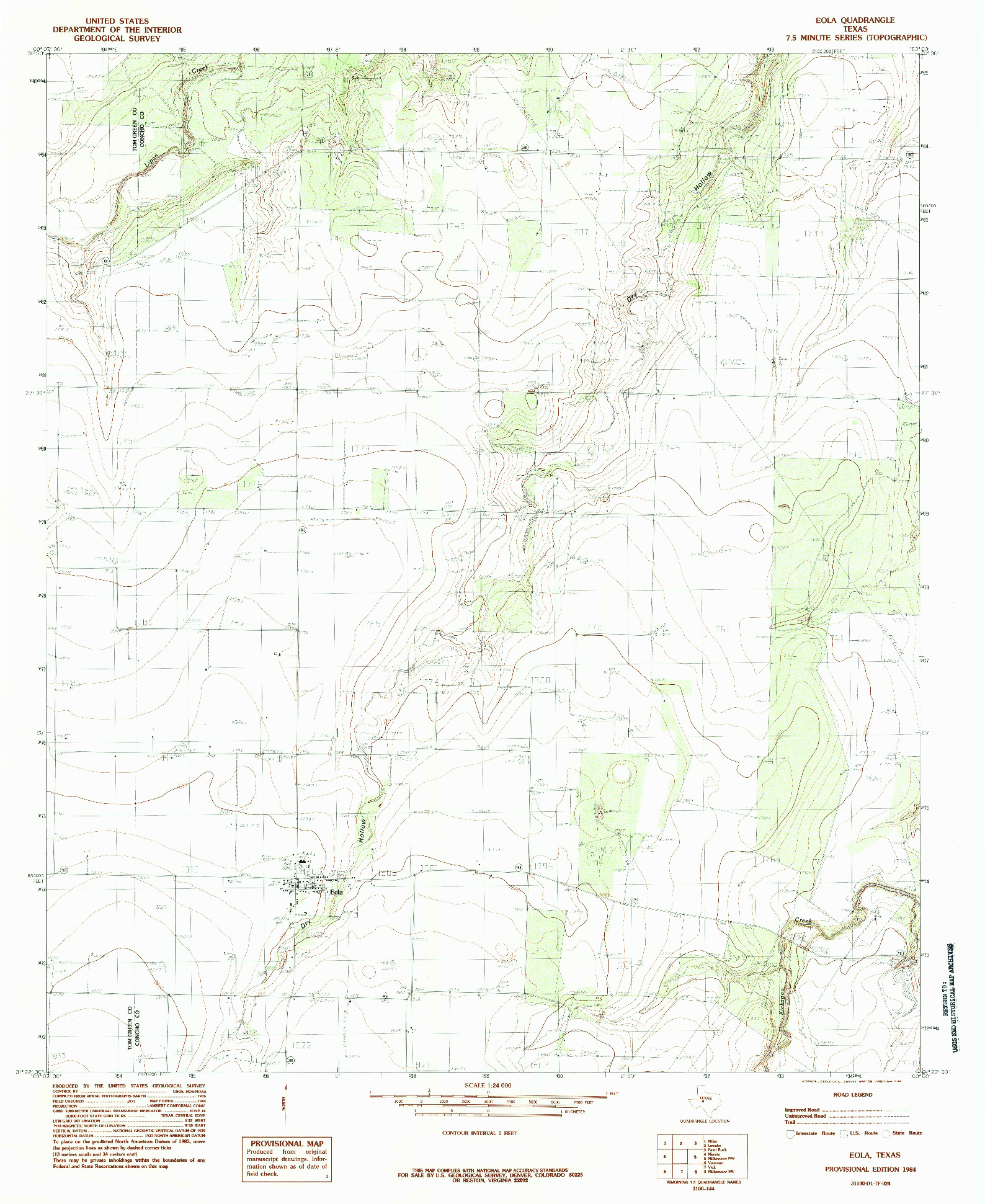 USGS 1:24000-SCALE QUADRANGLE FOR EOLA, TX 1984