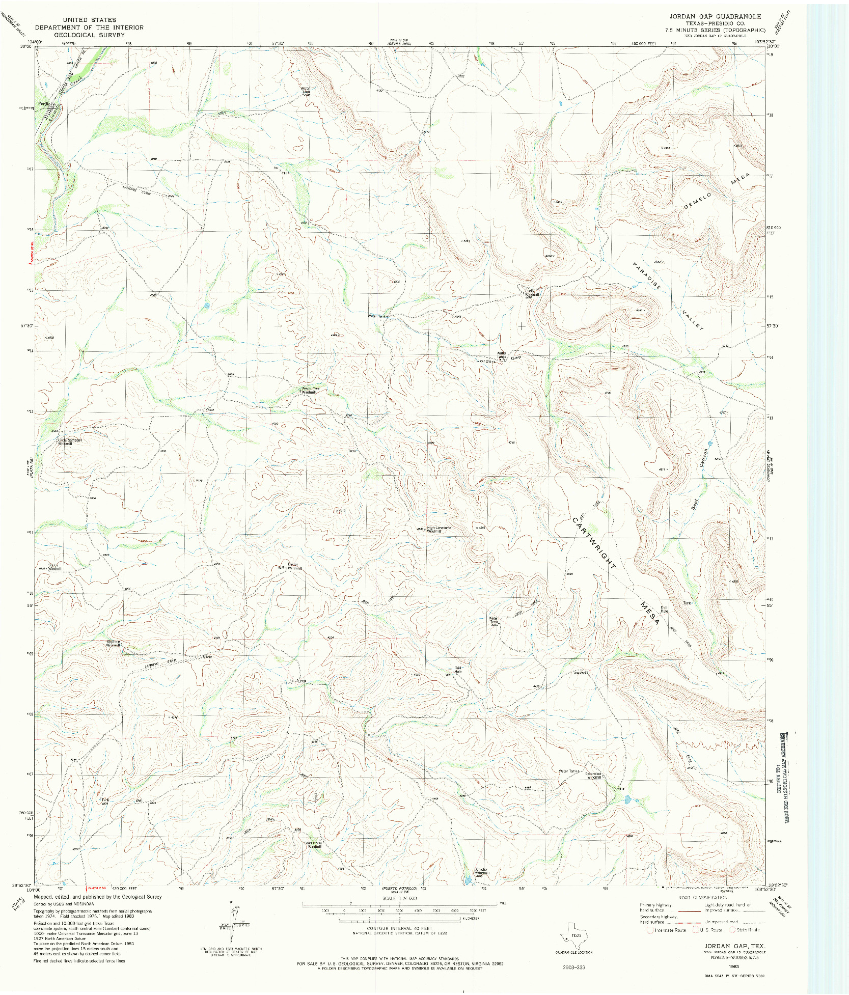 USGS 1:24000-SCALE QUADRANGLE FOR JORDAN GAP, TX 1983