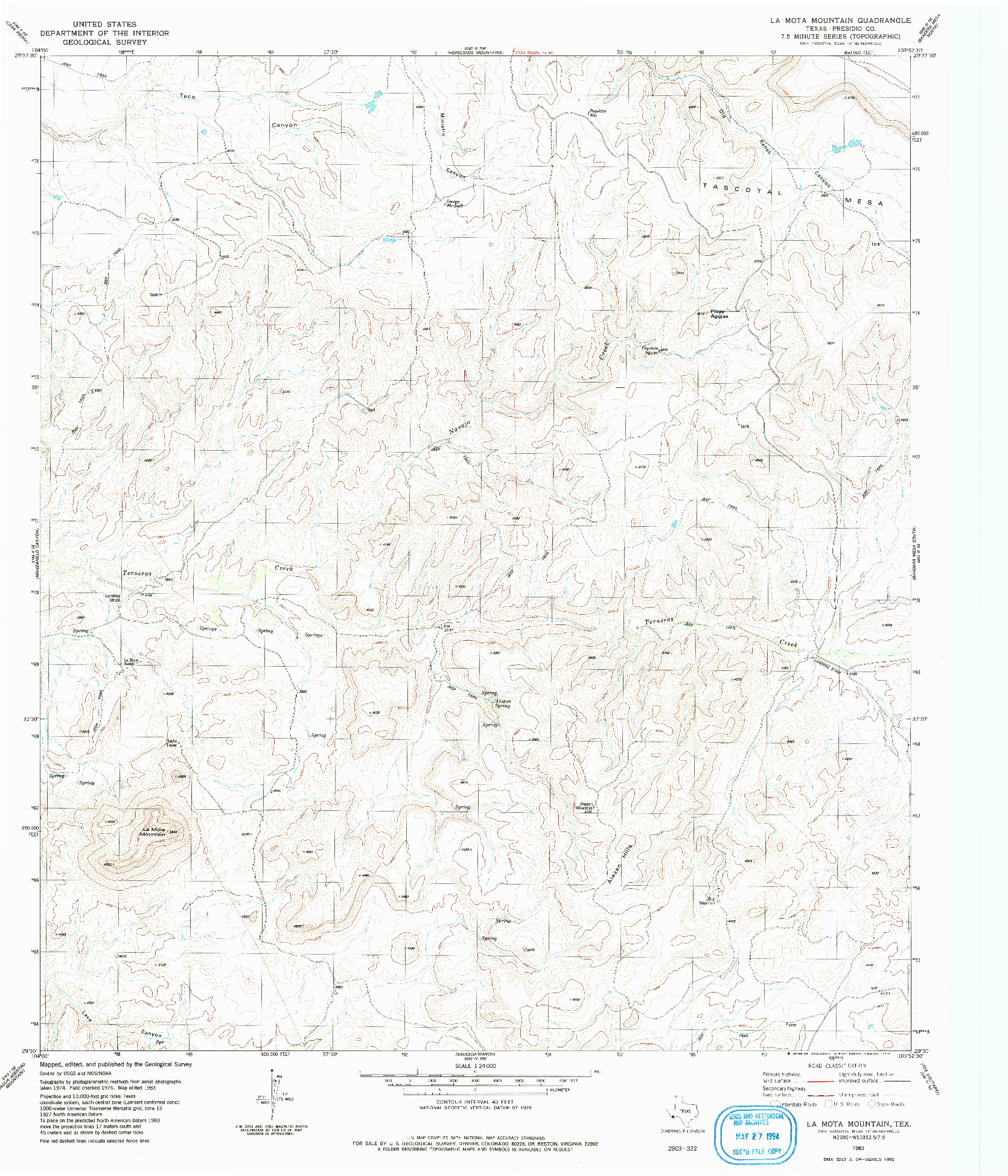 USGS 1:24000-SCALE QUADRANGLE FOR LA MOTA MOUNTAIN, TX 1983
