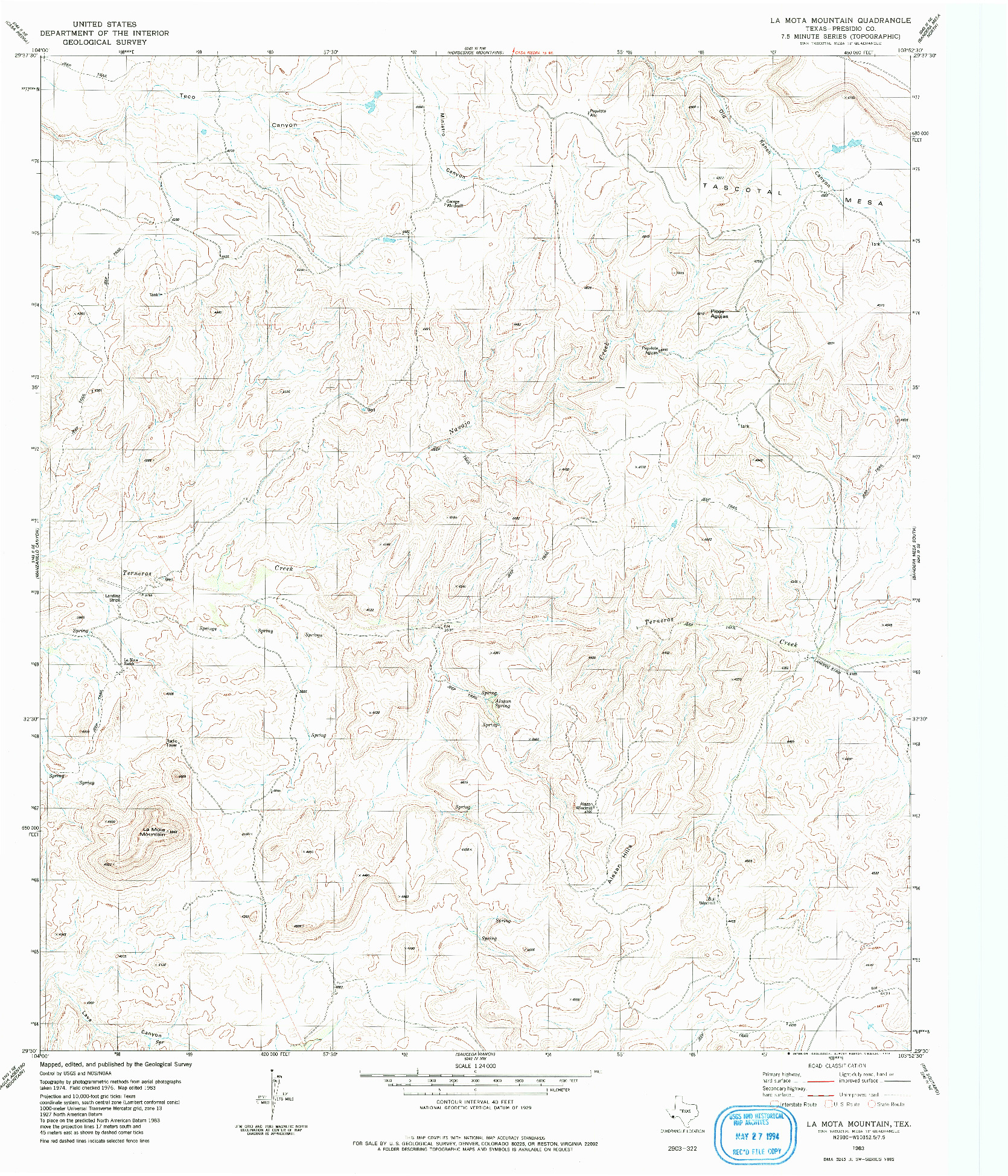 USGS 1:24000-SCALE QUADRANGLE FOR LA MOTA MOUNTAIN, TX 1983