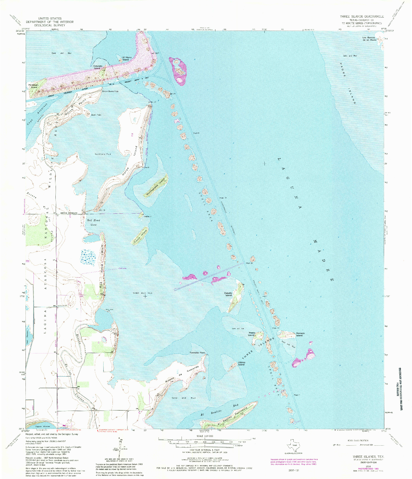 USGS 1:24000-SCALE QUADRANGLE FOR THREE ISLANDS, TX 1954