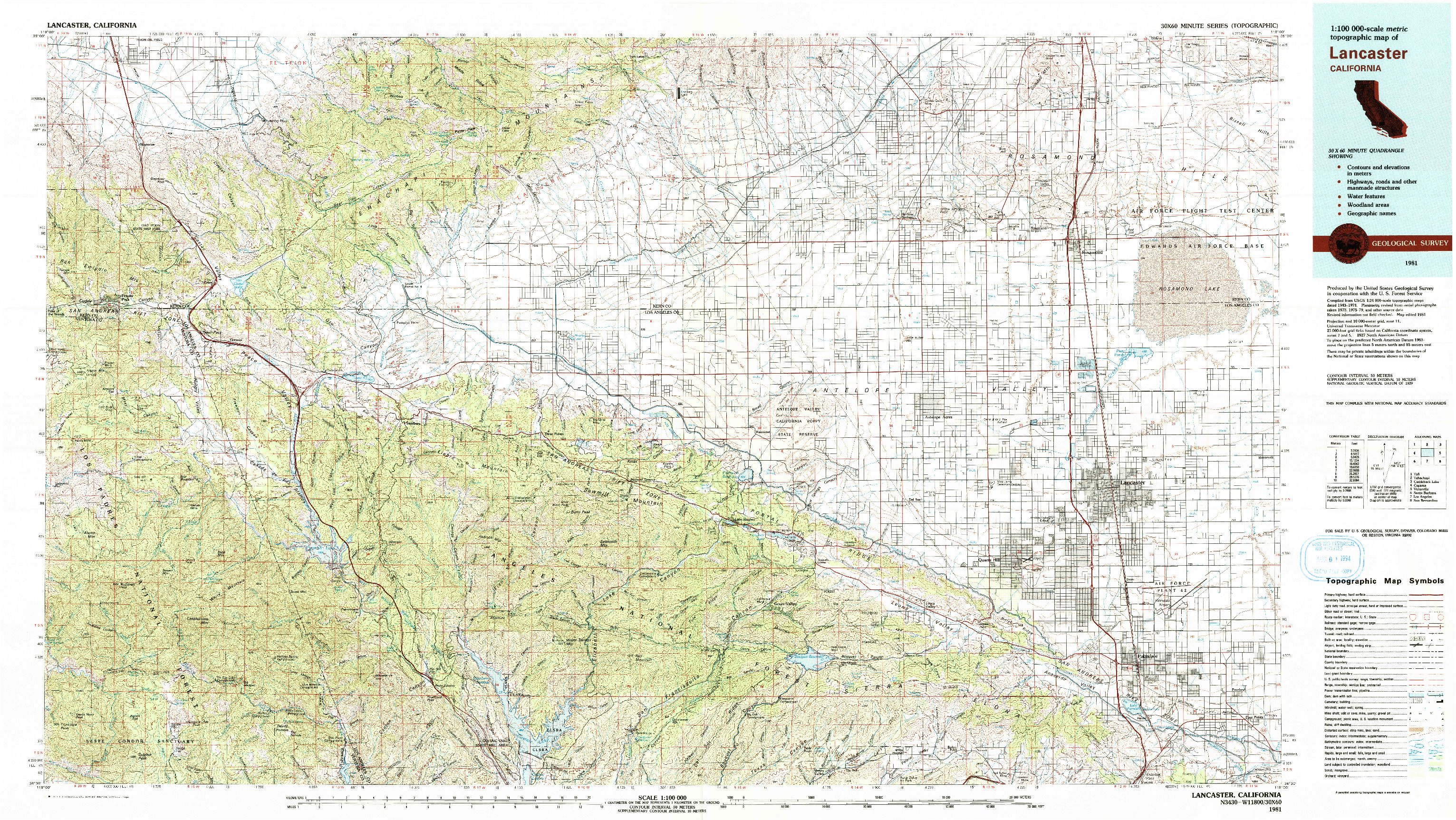 USGS 1:100000-SCALE QUADRANGLE FOR LANCASTER, CA 1981