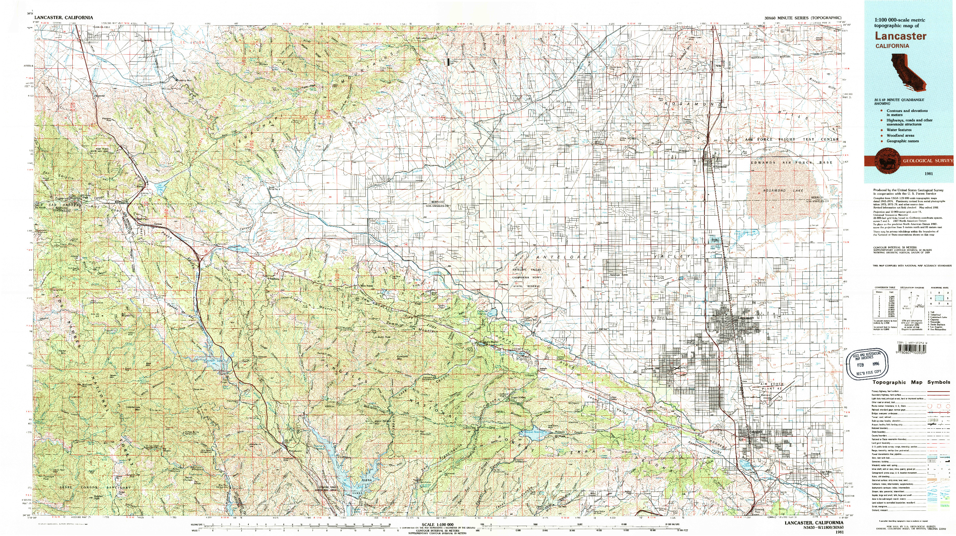 USGS 1:100000-SCALE QUADRANGLE FOR LANCASTER, CA 1981