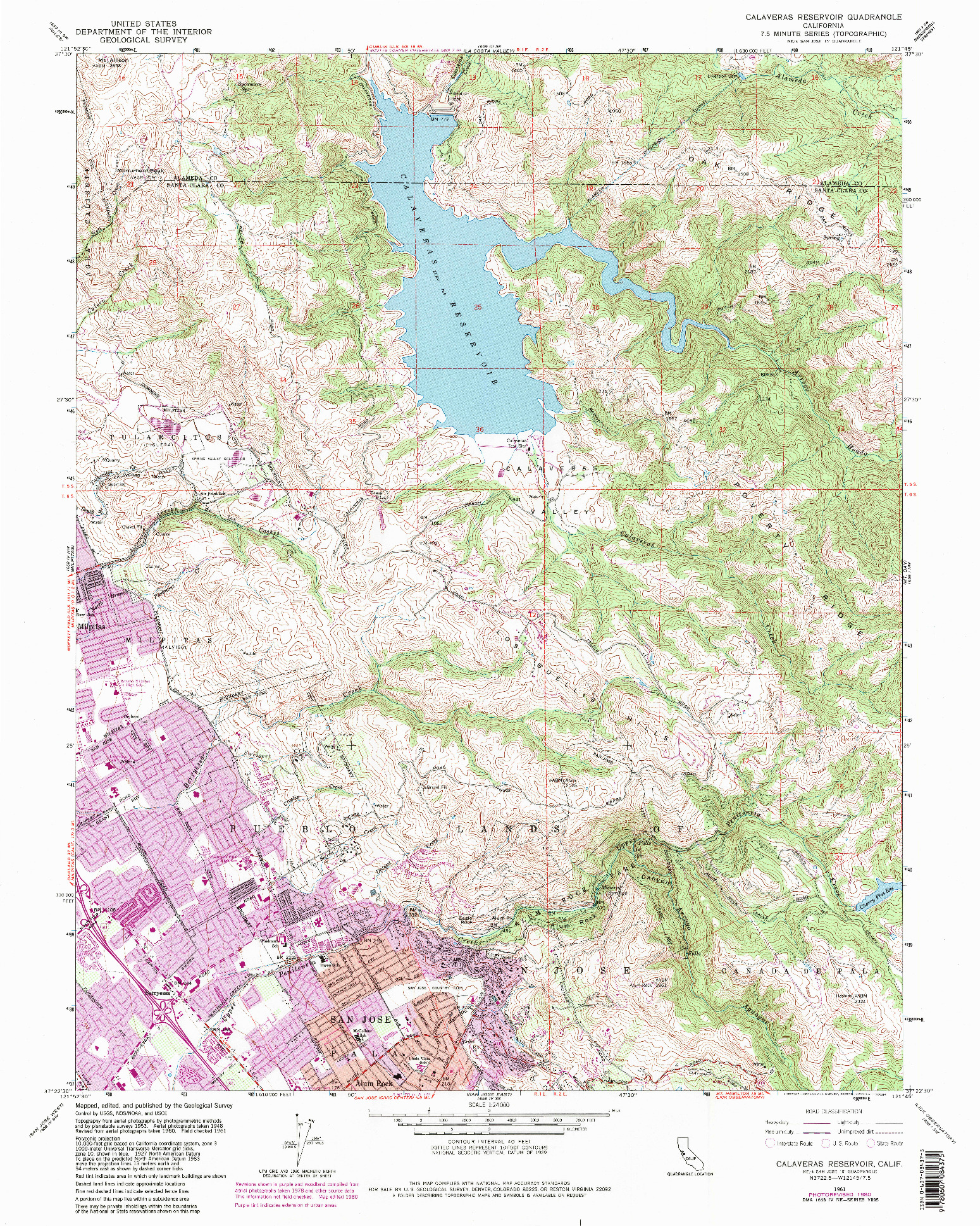 USGS 1:24000-SCALE QUADRANGLE FOR CALAVERAS RESERVOIR, CA 1961