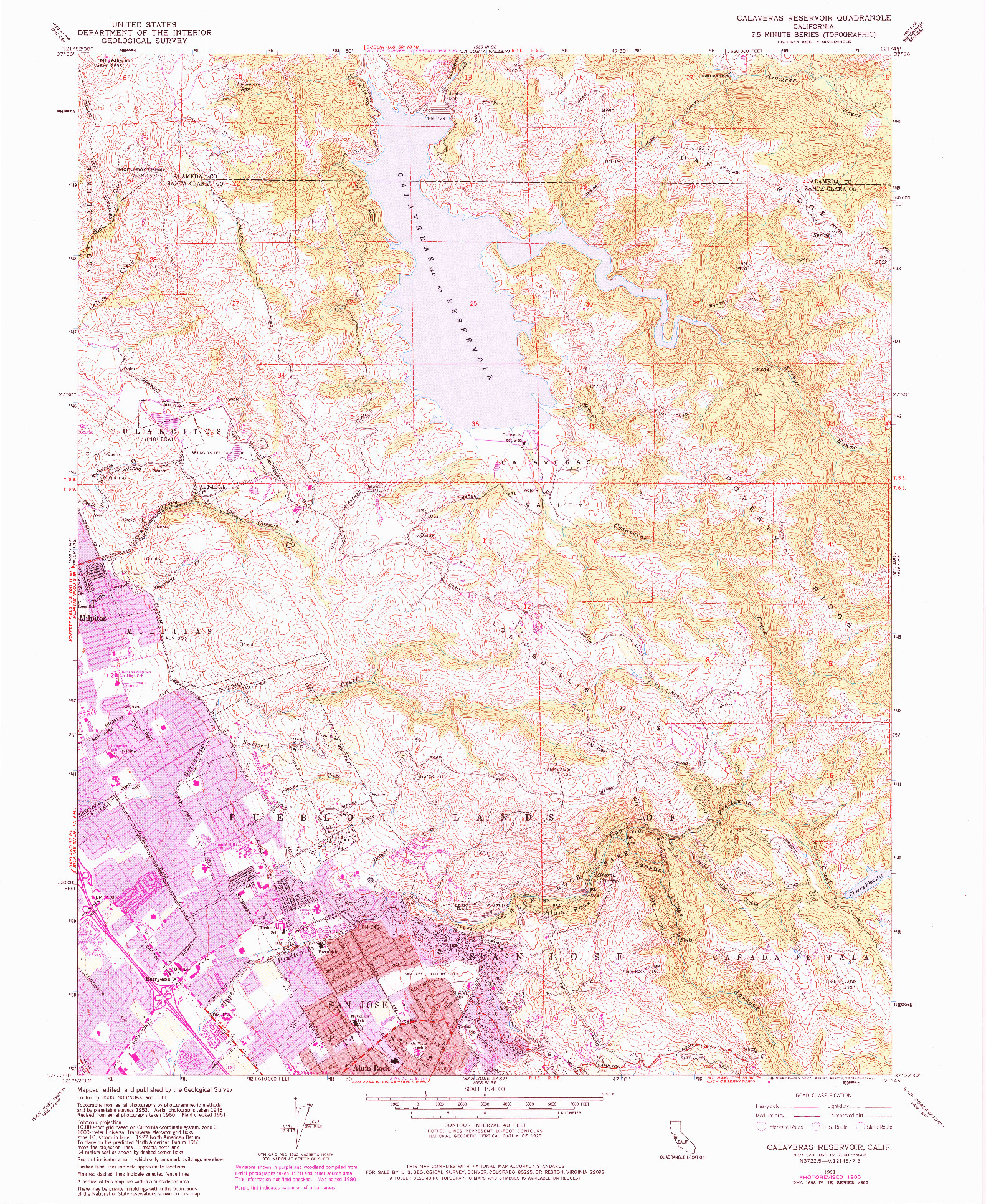 USGS 1:24000-SCALE QUADRANGLE FOR CALAVERAS RESERVOIR, CA 1961